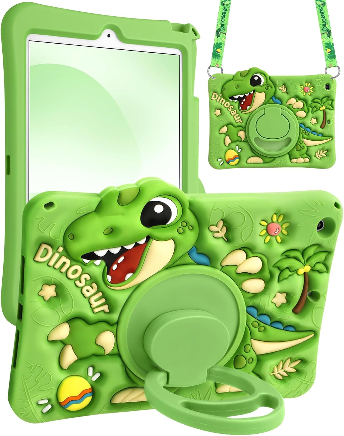 Boaretiu Tablet Case - Cute Cartoon Silicone Cover with Adjustable Shoulder Strap & Rotating Stand for Kids Boys Girls, for iPad 9th/8th/7th Generation 10.2 inch Case (2021/2020/2019), Green Dinosaur