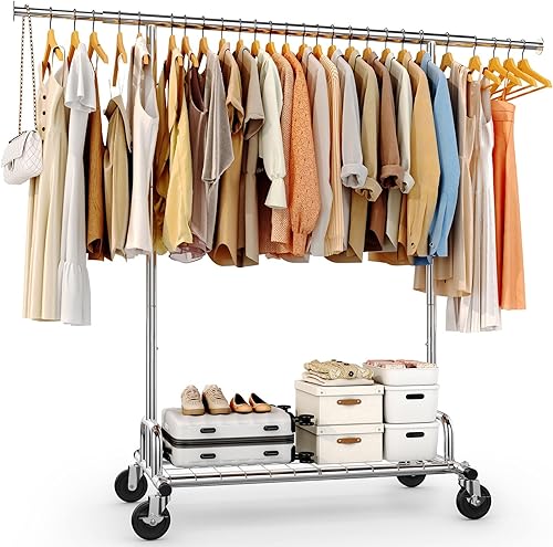 Vista 10 de HOKEEPER Perchero de ropa rodante para colgar ropa, perchero portátil con ruedas bloqueables, perchero comercial resistente para dormitorio, sala