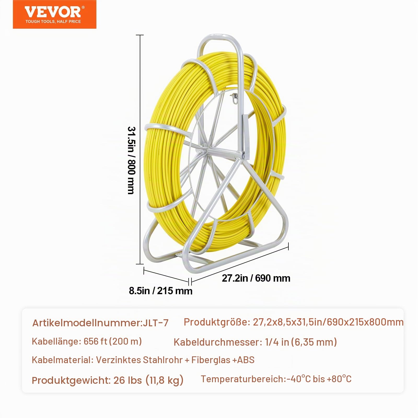 VEVOR Kabeleinziehhilfe Fiberglas, 200 m, 6,35 mm, Fishtape Wire Puller, Kabellaufstange mit Stahlrollenständer, 3 Zugköpfe, Angelwerkzeuge für Wände und elektrische Leitungen, nicht leitend