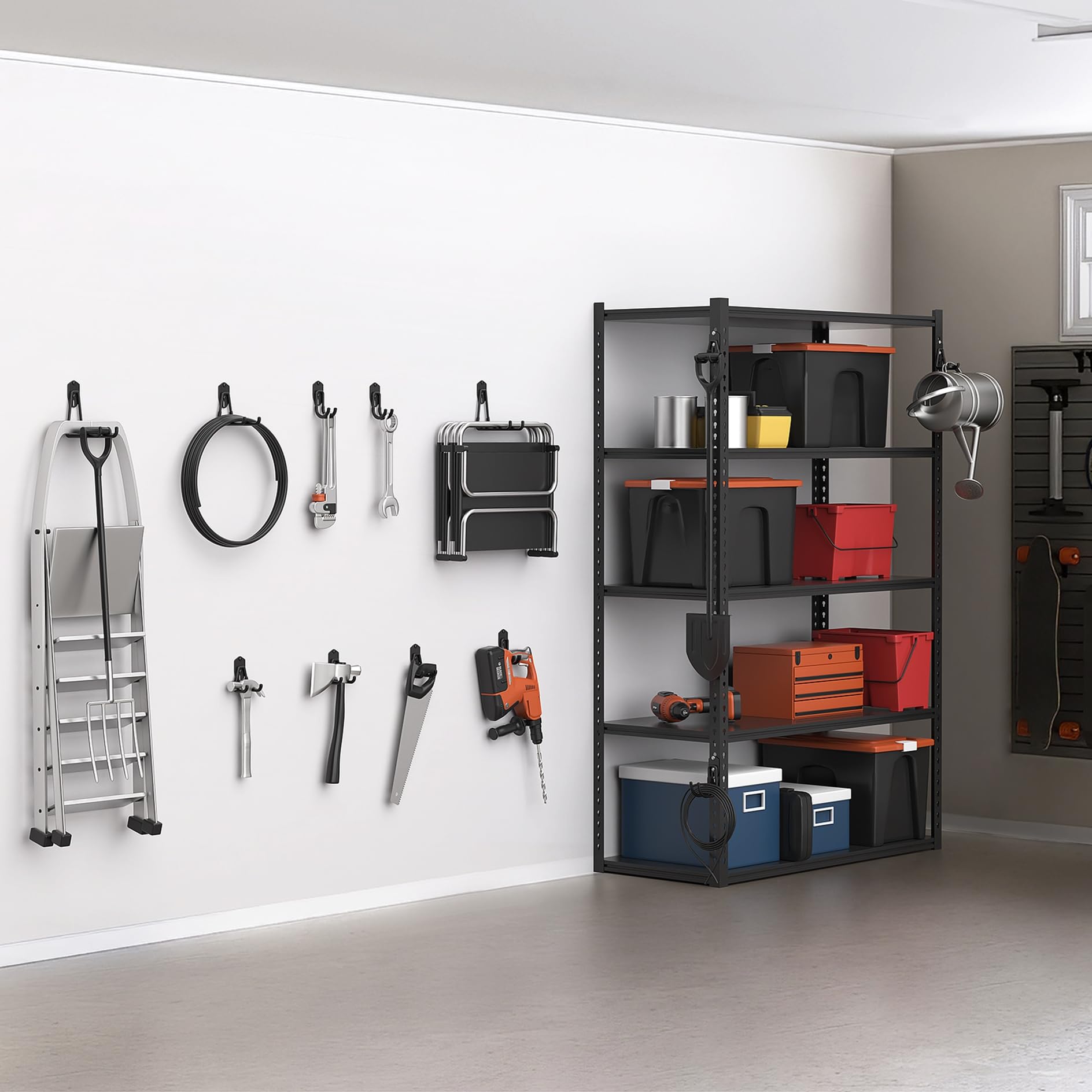 WALMANN 12 ganchos de almacenamiento de garaje, ganchos de montaje en pared para herramientas, escaleras, cables, sillas plegables, palas y rastrillos, ganchos de estantería para estanterías (negro)