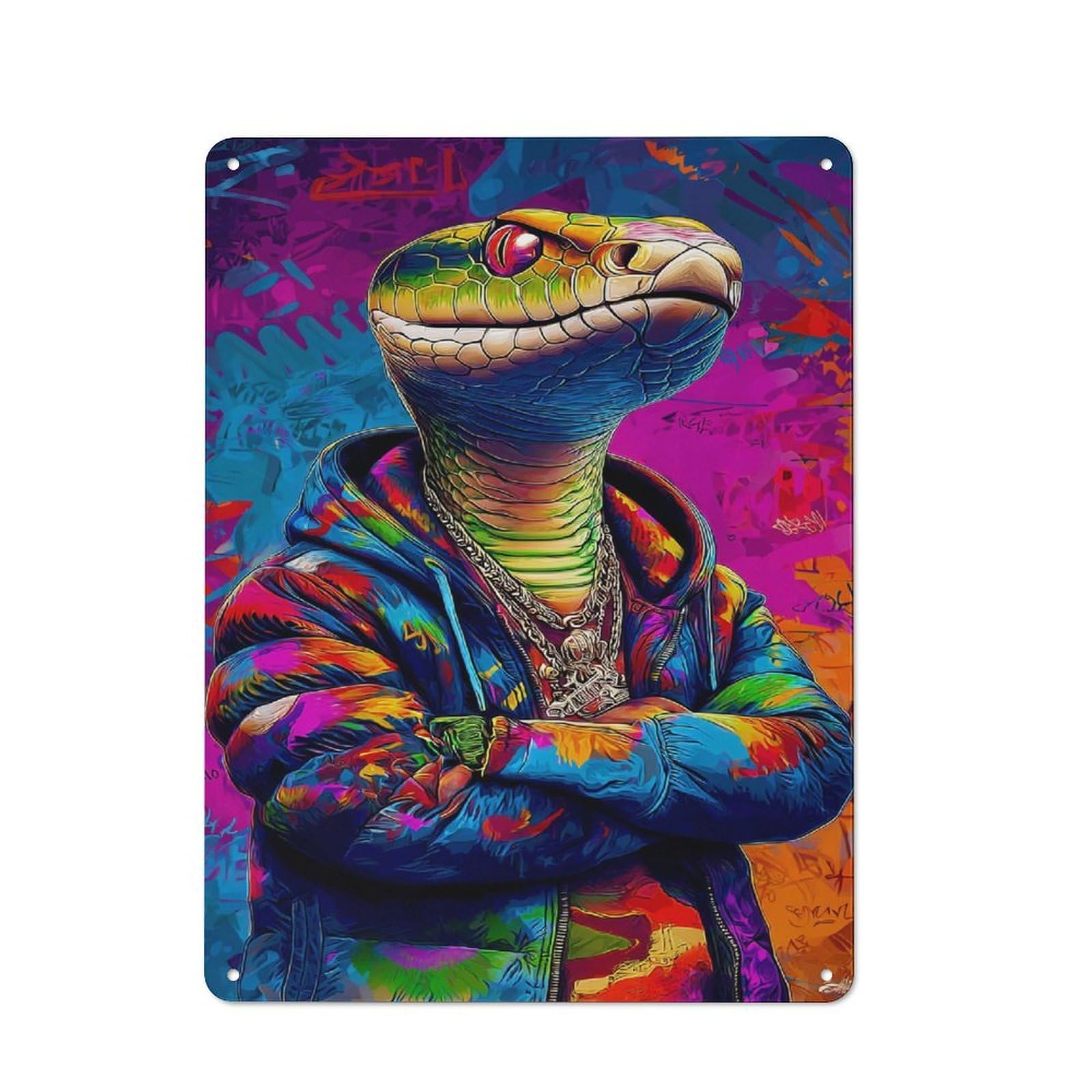 Junmoney Colorful Snake In Urban Art Metal Wall Sign 40X30cm Featuring For Café Or Restaurant, A Decorative Metal Sign For Cafés And Restaurants