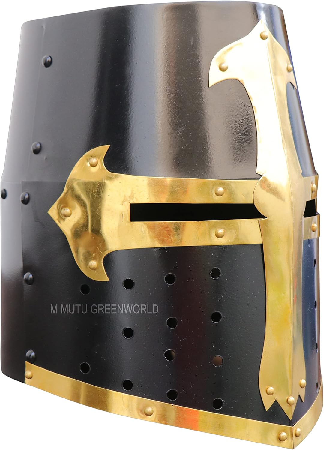 MUTU GREENWORLD SHEL03 Medieval Templar Crusader Knight Helmet – Black & Golden Armor Replica for Cosplay, Halloween, LARP, Costume Props