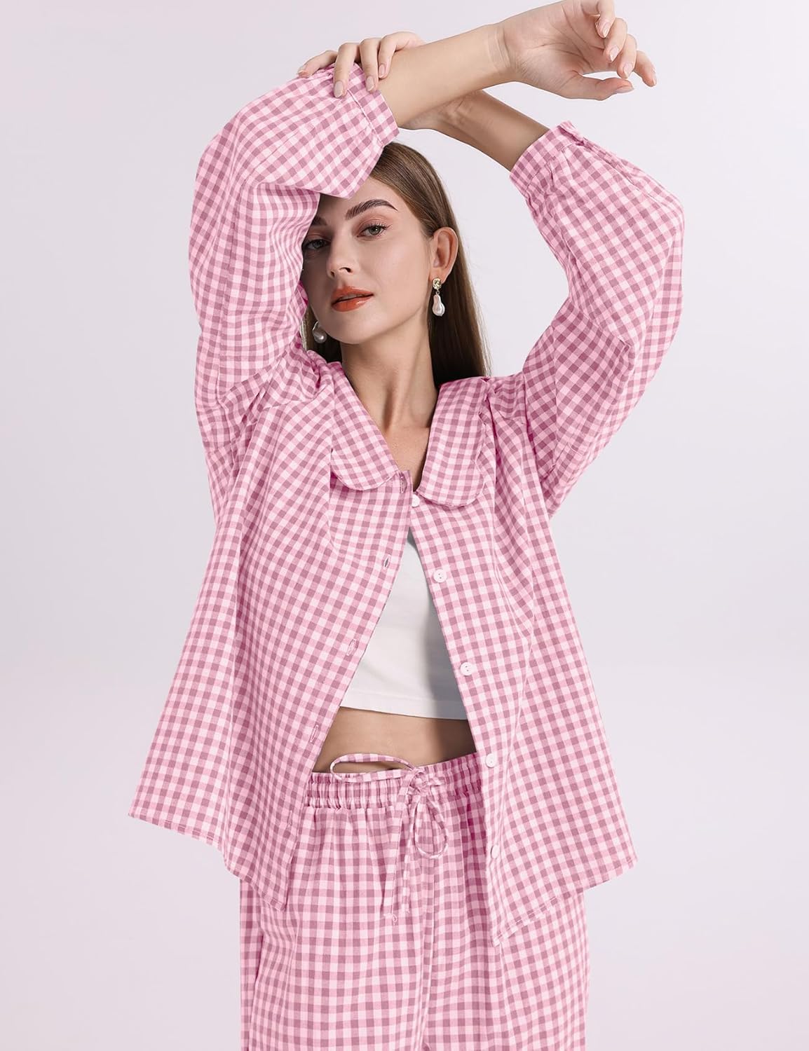 COZYPOIN Womens Gingham Pajama Sets Scalloped Collar Cotton Plaid Button Down Long Sleeve Shirt and Pants Y2K Lounge Set - Image 4
