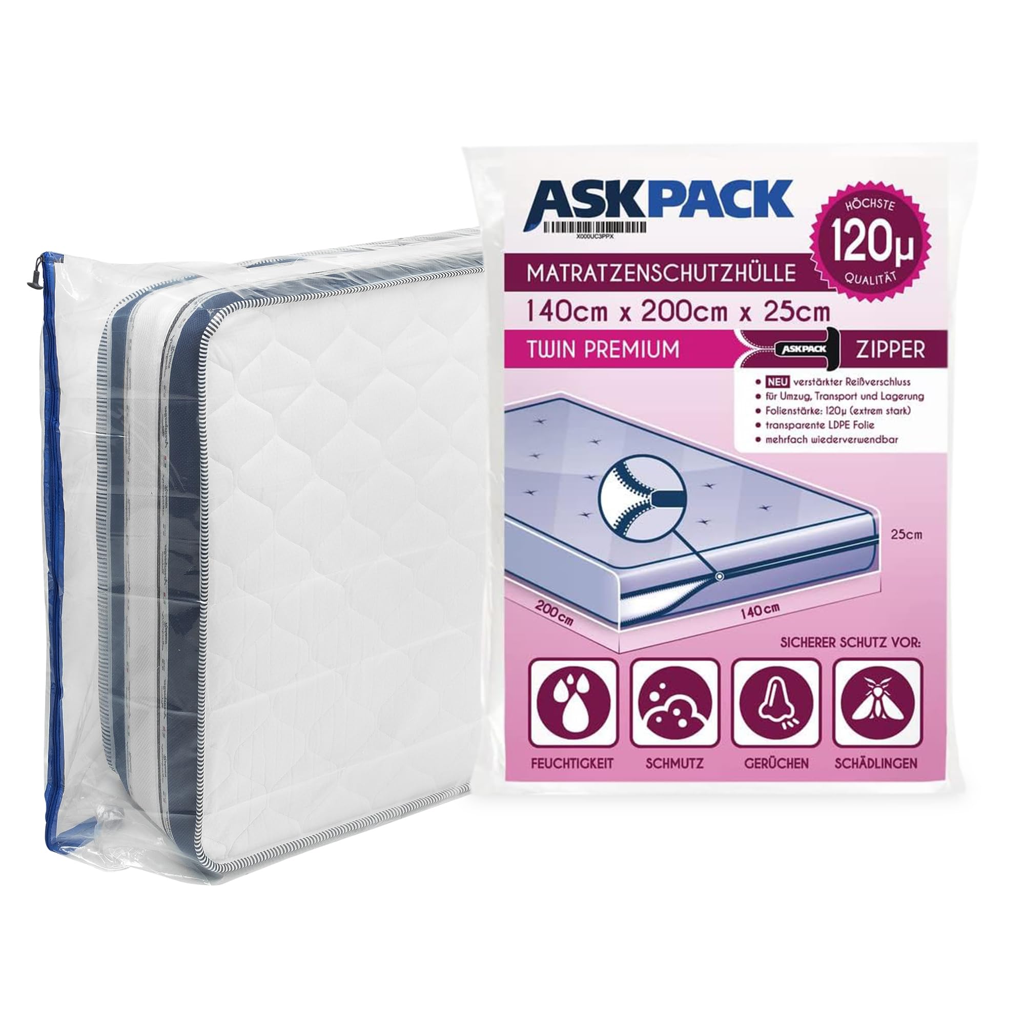 Ask Pack Transparent Mattress Bags For Moving And Storage With Zipper - 4.7 Mil Heavy Duty Material - Size Xs-Xxl, Waterproof Mattress Cover, Tearproof - Reusable Mattress Protector Transport Bags - 140X200 Cm