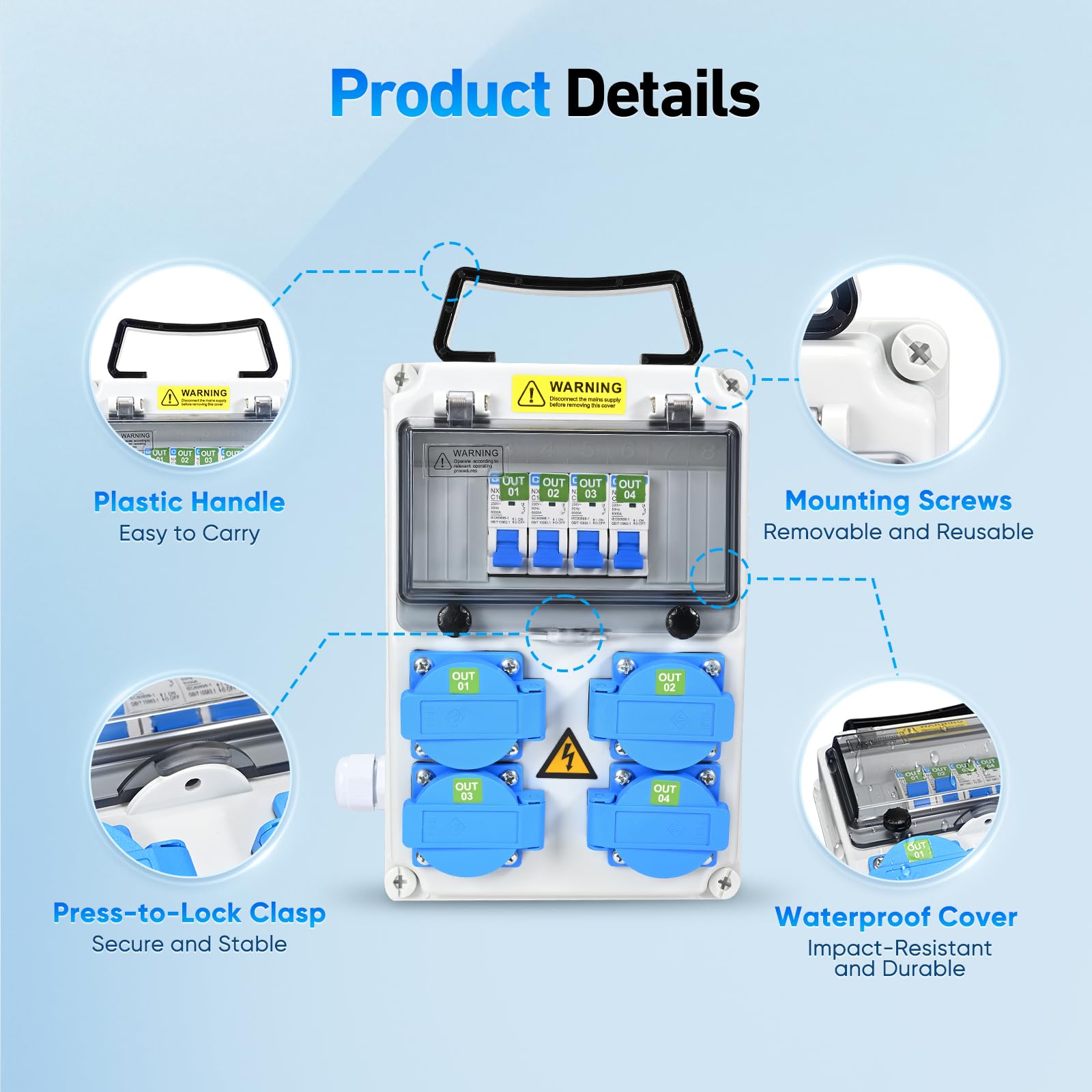 Cofanetto Elettrico di Cantiere 4 x 230V, IP54, Quadro Elettrico Esterno Impermeabile, Distributore di Corrente Elettrica per Officine, Cantieri e Fabbriche