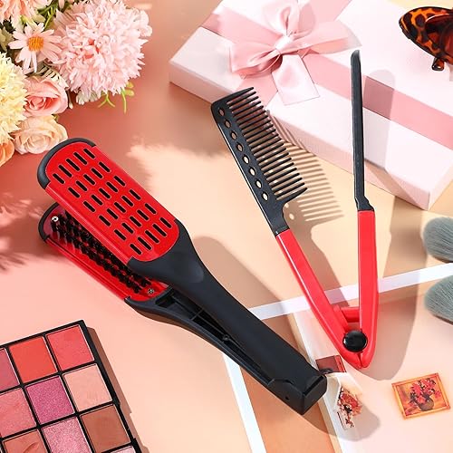 Vista 47 de Chengu 2 cepillos de cerdas de jabalí – Cepillo de doble cara y peine de hierro plano para alisar el cabello nudoso y desnudo (negro blanco, negro)