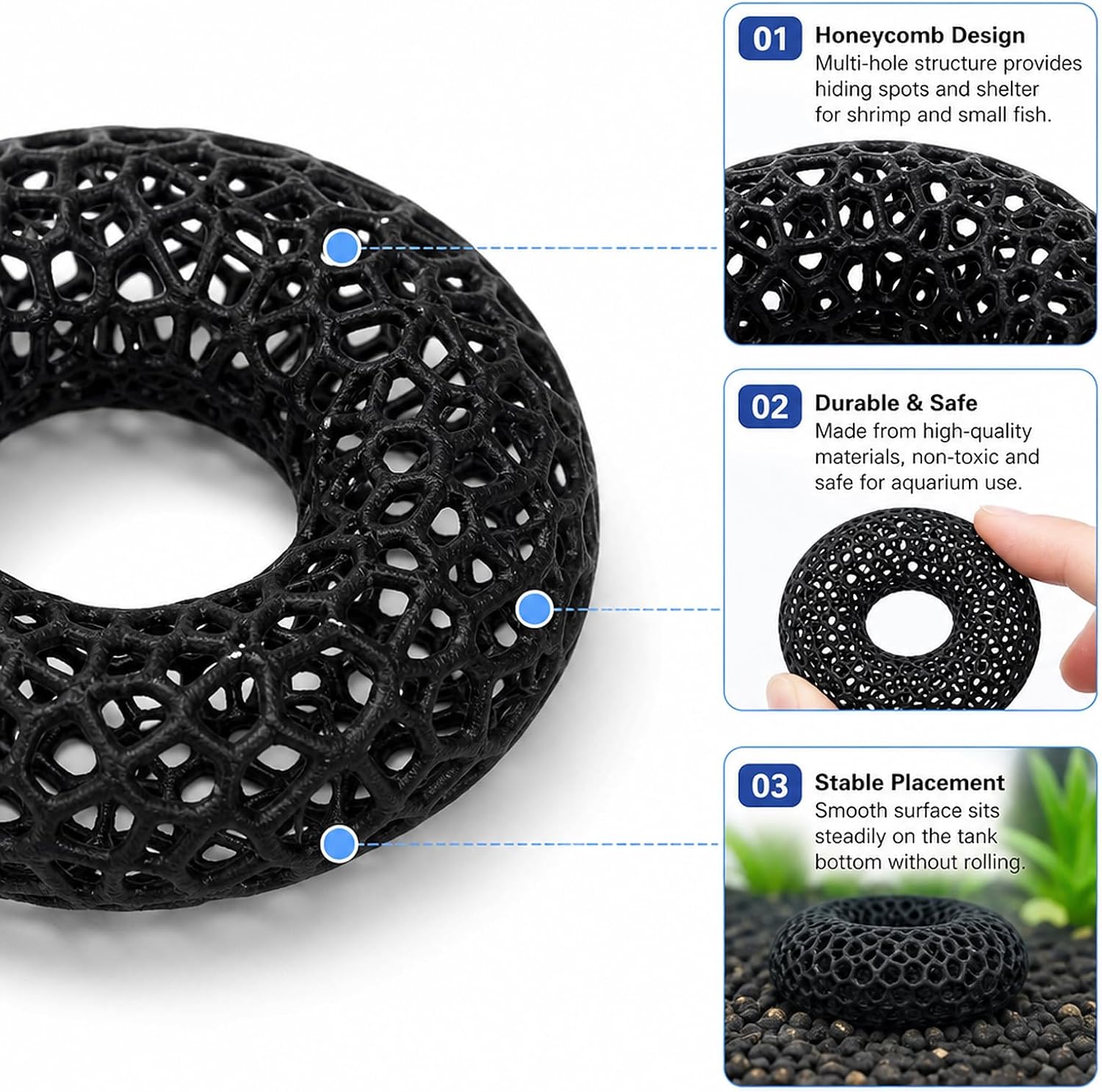 4PCS Shrimp Cave,Black 3D Printed Möbius Ring Design, Freshwater Aquarium Accessories, Shrimp Hiding Spots, Aquarium Cave for Fish Tank,Habitat Simulation image 5