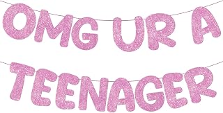 Fulmoon Omg Ur a Teenager Glitter Banner 13th Birthday Decorations Pre Strung 13th Birthday Banner for 13 Year Old Teen Birthday Party Favors Supplies(Pink)