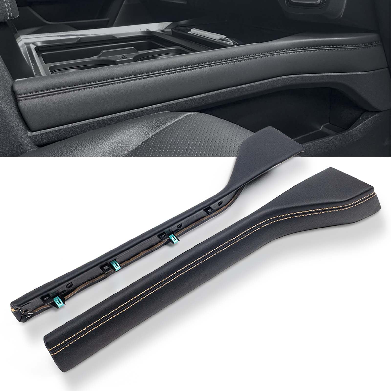 Panel de tapizado de cuero negro acolchado para consola central delantera RHAOCZIYAUTO, compatible con Ford F250 F350 Super Duty 2023 2024 2025. Reemplaza PC3Z 2604609 CB, PC3Z 2604608 CB, PC3Z2604609CB, PC3Z2604608CB.