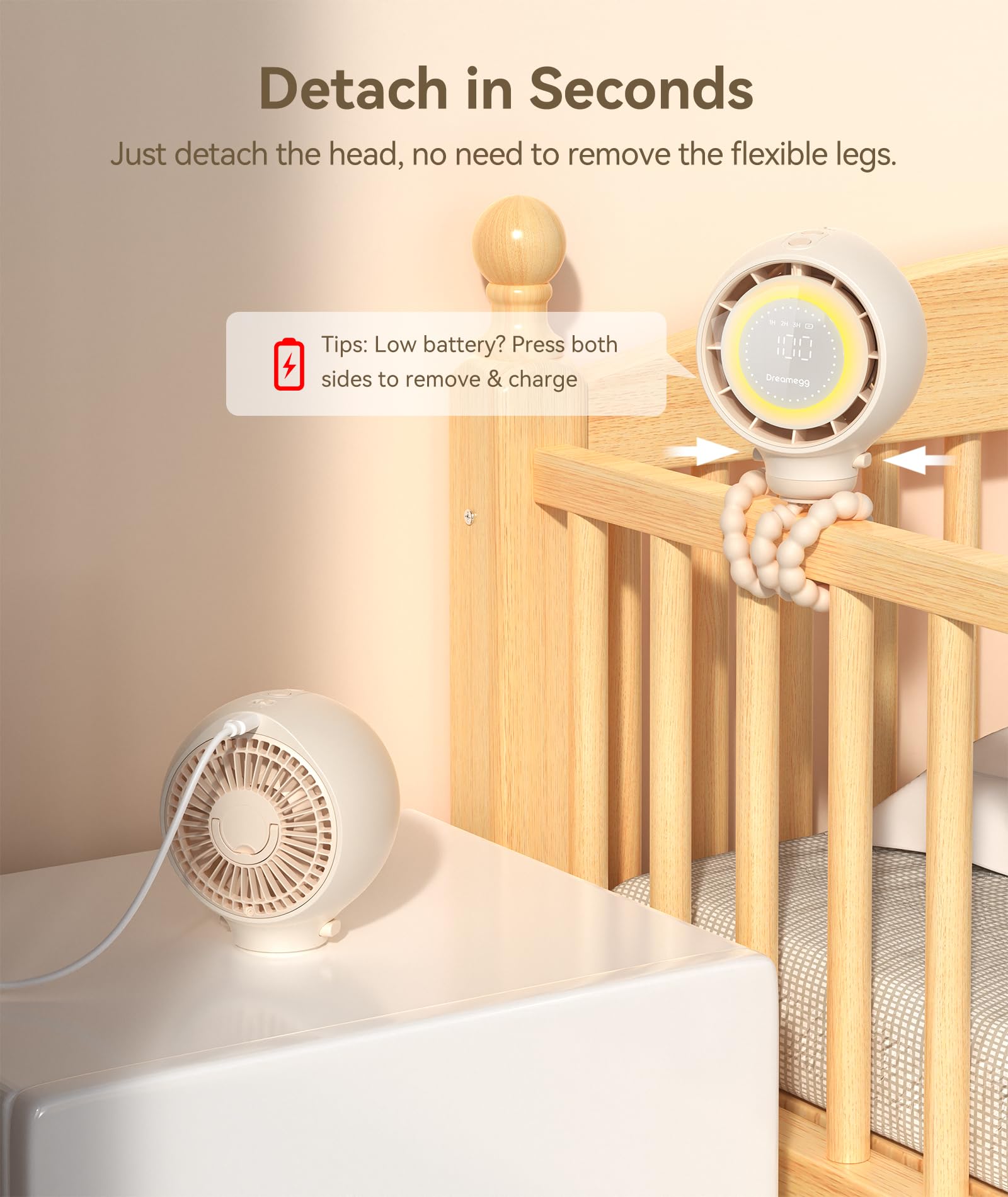 Dreamegg Tragbarer Ventilator Kinderwagen, LED-Anzeige, Clip Ventilator 360°, 4000mAh Wiederaufladbarer USB-Ventilator