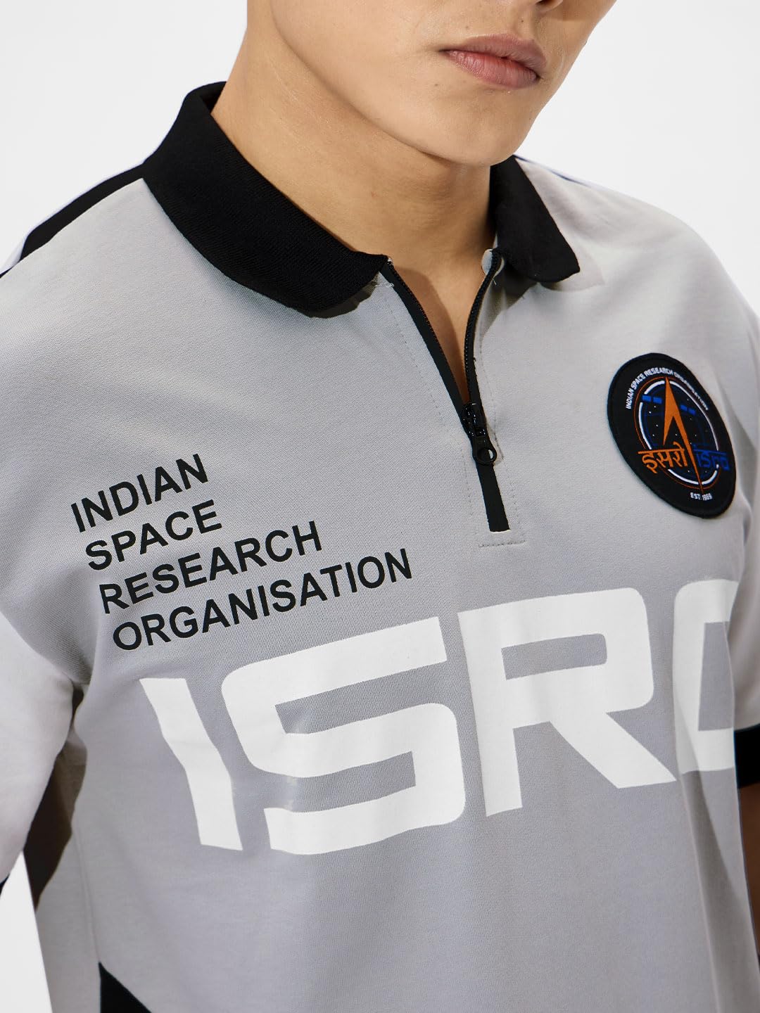 The Souled Store ISRO: Mission to The Moon Hombres y Niños Manga Corta Cuello Gris Gráficos Impreso Algodón Oversize Cremallera Polo