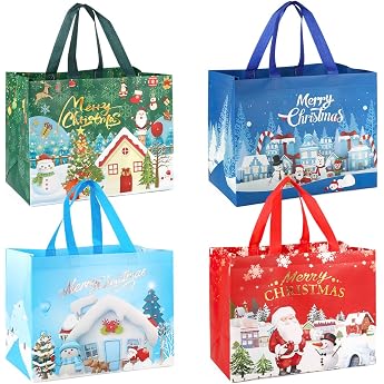 4 x Christmas Bags Christmas Carrier Bags with Handles Christmas Bags Multifunctional Fleece Christmas Bags for Wrapping Gifts Christmas Party Accessories 32.5 x 25 x 17 cm
