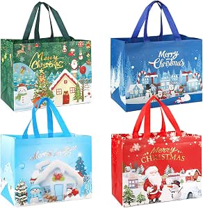 PANSIBY 10 Sacchetti Regalo Di Natale Con Maniglia - Carta Kraft Con Motivi Natalizi, 3 Dimensioni