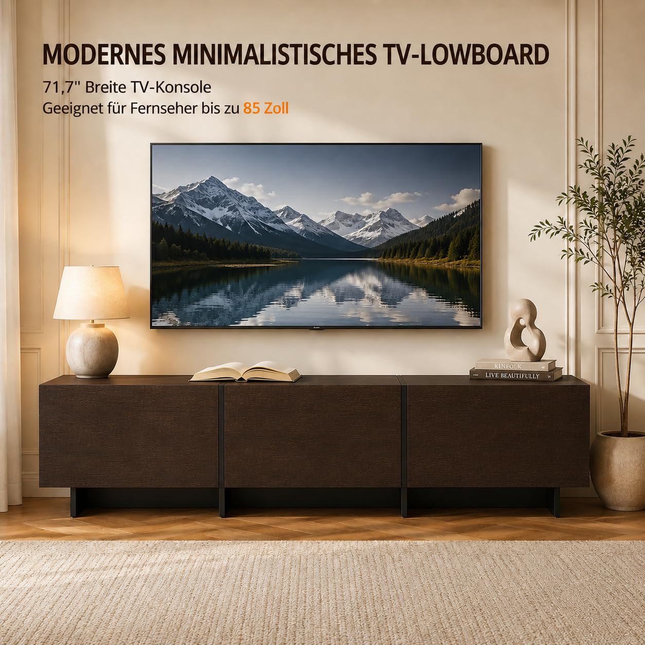 Lowboard Braun 180cm – TV-Schrank mit 3 Klappen & Metallrahmen, 38cm niedrig – Fernsehtisch als TV-Bank für Wohnzimmer & Schlafzimmer, 180×38×30cm