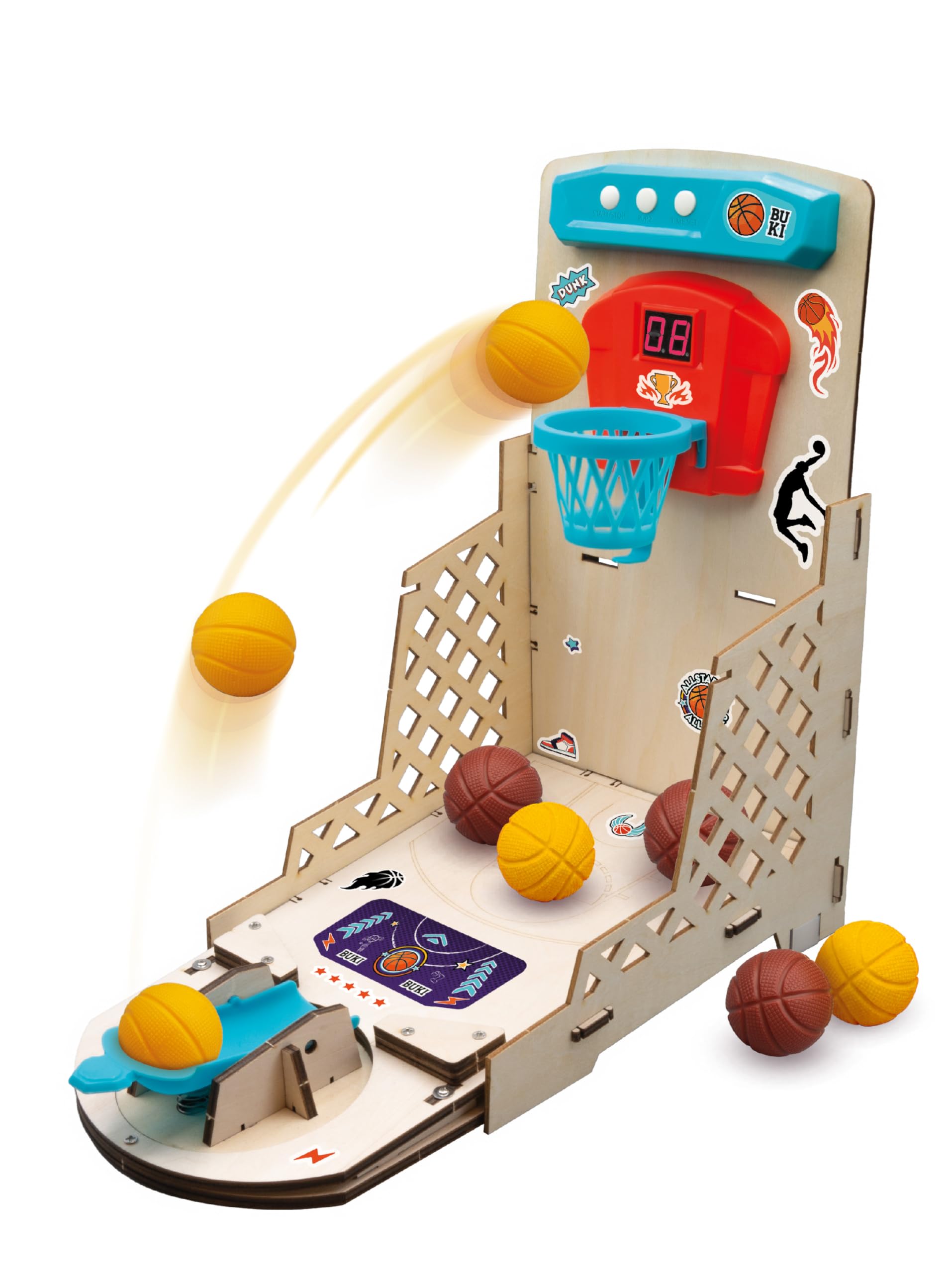 BUKI 2151 - Elektronischer Basketballkorb - DIY-Bausatz ab 8 Jahren – Ohne Löten montieren, 2 Spieler, 3 zusätzliche Geschicklichkeitsspiele enthalten – Maße 32×18×32 cm