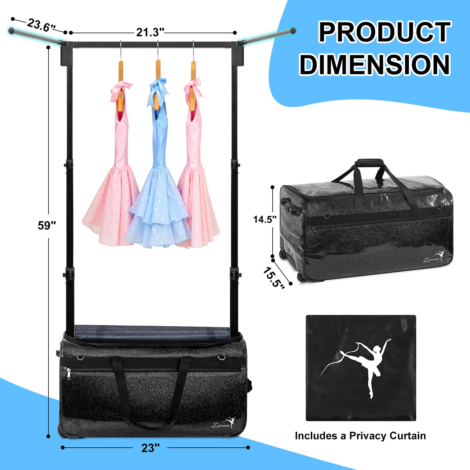 Tanztasche mit Kleiderständer, große Tanz-Kleidertaschen mit Rollen für Tänzerinnen/Mädchen/Damen, zusammenklappbare, Tanz-Reisetasche, Must-Haves für Tanzwettbewerbe (Schwarz -23")