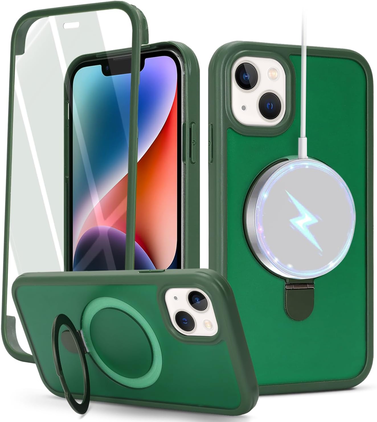 for iPhone 14 Case with Magnetic Ring Stand and Built-in Screen Protector,for Apple iPhone 13 Phone Cases with 360 Full Body Protective and magsafe for Men Women Gril-Dark Green