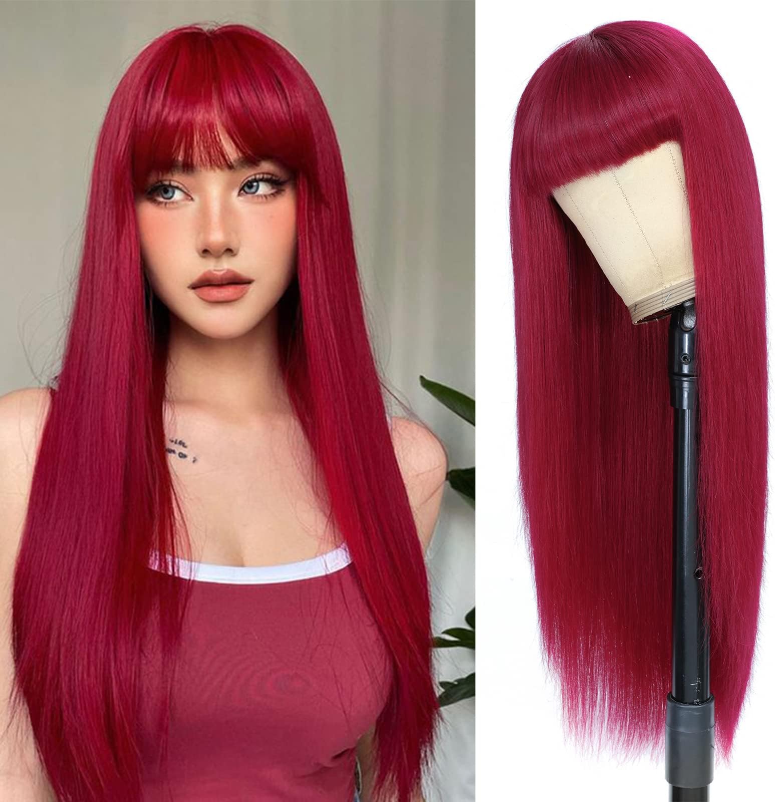 X-TRESS 28Inch Burgundy Red Wig with Bangs 100% Human Hair Wig with Bangs For Black Women Full Machine Made Long Red Wig Human Hair Wigs with Bangs (28 Inch, Burgundy)