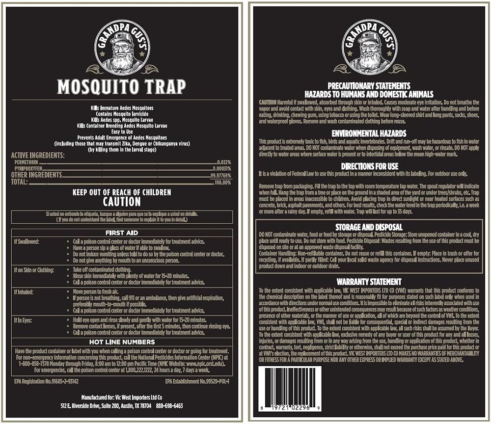 Grandpa Gus’s Mosquito Trap - Effective Long Term Outdoor Mosquito Control Killer Trap, Eco Friendly Insect Prevention for Patios and Gardens (Pack of 2)