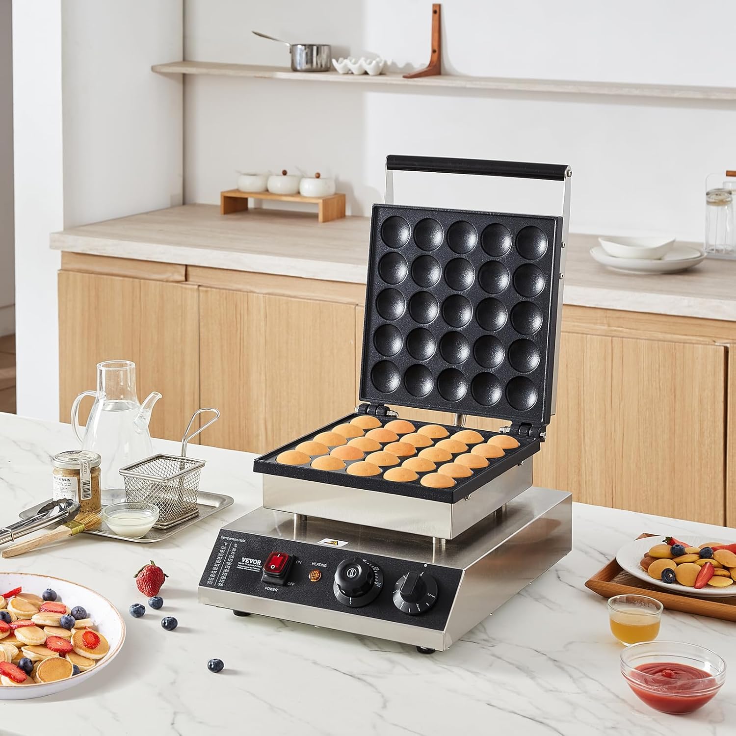 VEVOR Mini Dutch Pancake Maker, 25PCS 43mm Diameter Dorayaki Baker Machine, 1700W Commercial Electric Poffertjes Grill, Non-stick Stainless Steel, Temp & Time Control, for Home Kitchen Restaurant