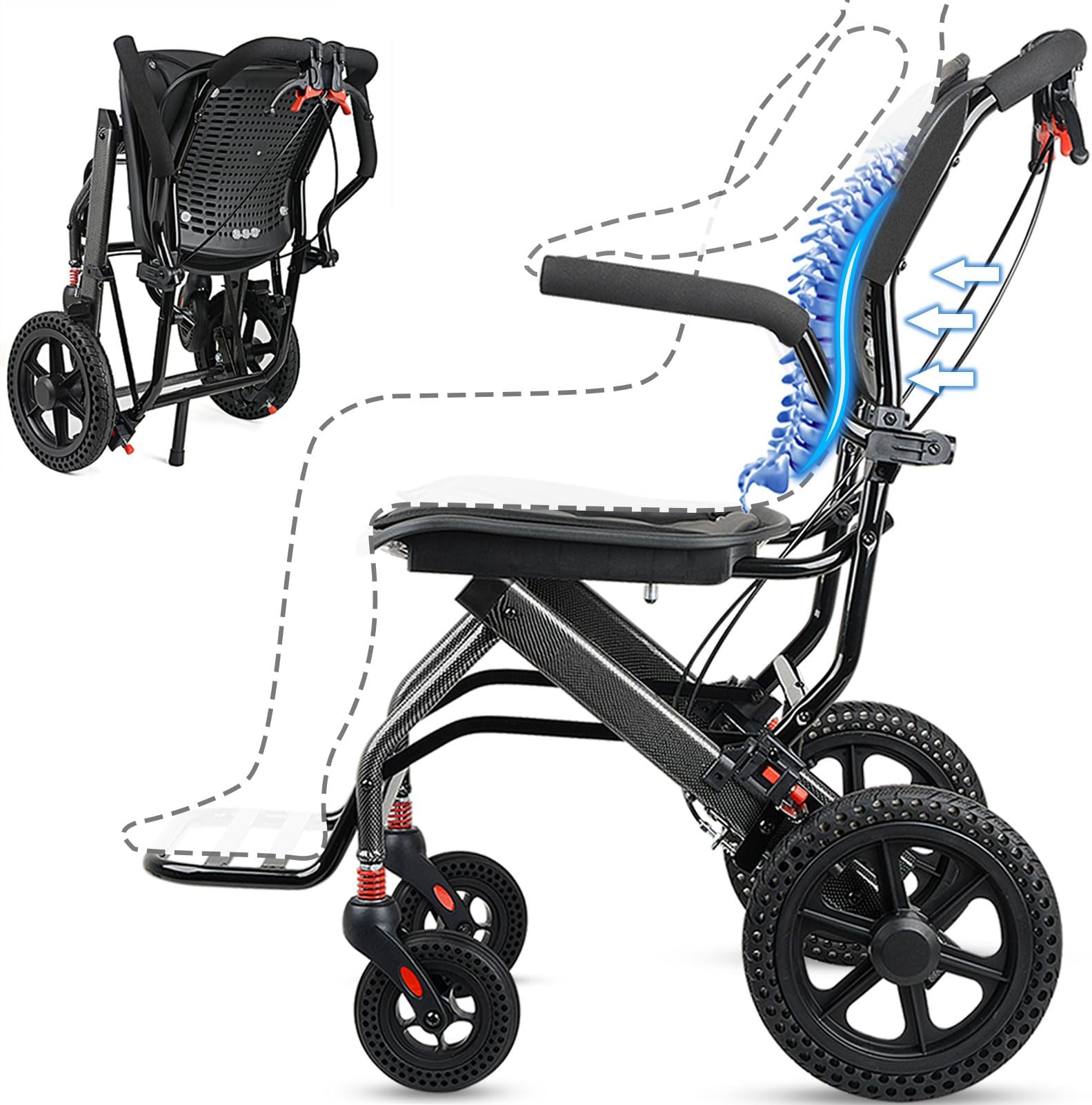 Lightweight Transport Wheelchair, Black, Aluminum, Alloy Steel, 16.6" Seat, 220 lbs Capacity, Folding, Handbrakes, Seatbelt, 20 lbs, Perfect for Travel, Elderly, Surgery Recovery