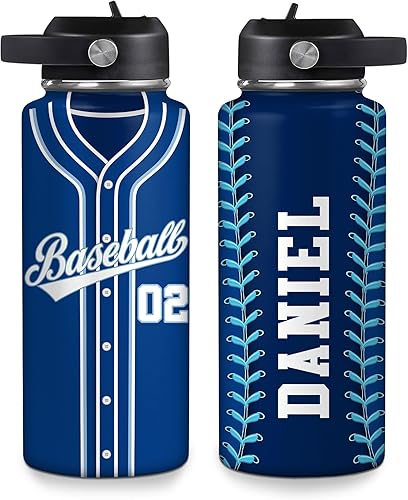 Vista 30 de Hyturtle Botella de agua de béisbol personalizada, botella de acero inoxidable aislada de viaje con tapa a prueba de fugas, 18 onzas, 32 onzas