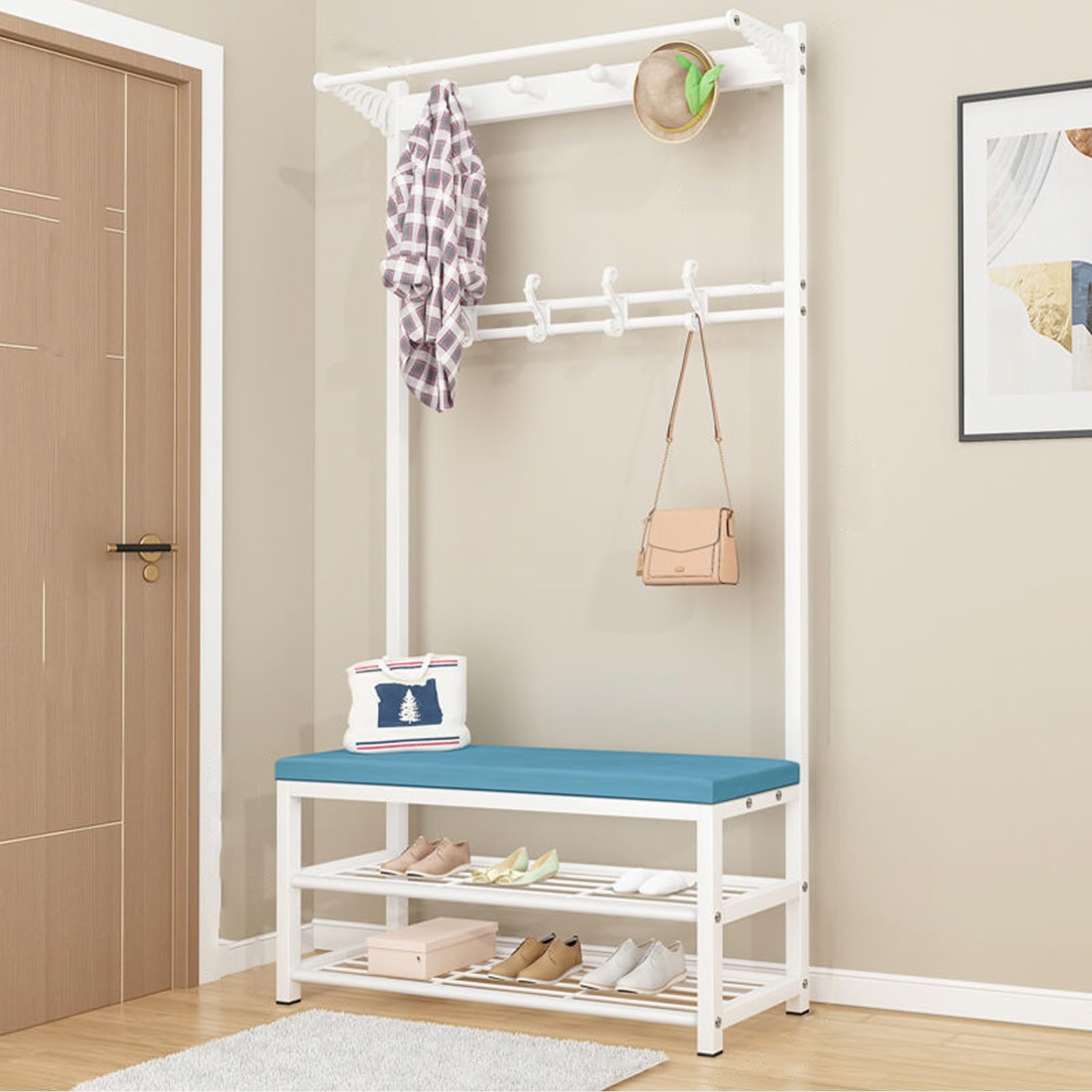 Perchero, Zapatero y Banco con Ganchos Perchero de Entrada de Metal Perchero Grande Perchero para Dormitorio Sala de estar C,60 * 33 * 170CM
