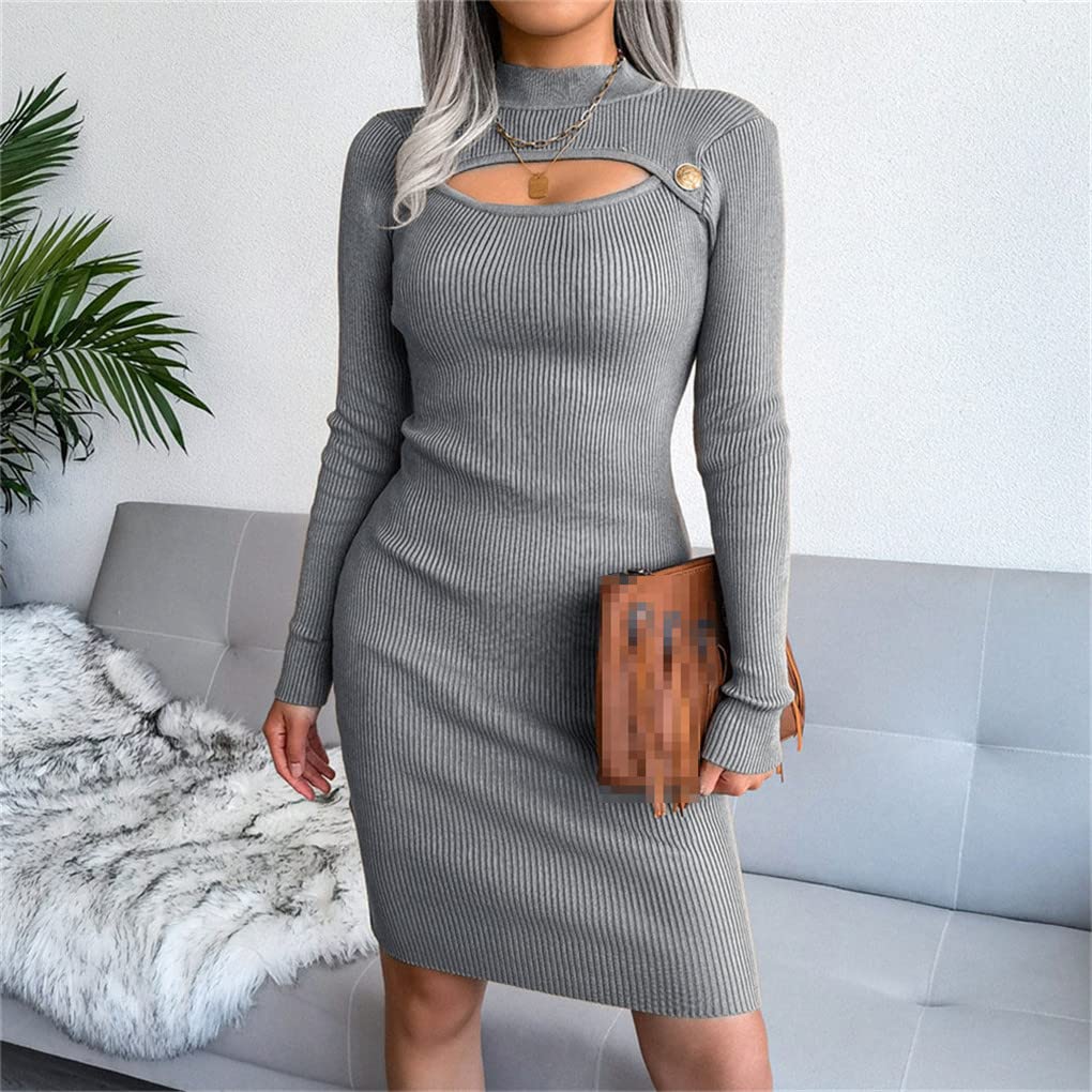 Suvoiier Vestido ajustado de punto para mujer, de otoño, de manga larga, hueco, para mujer, vestido de lápiz
