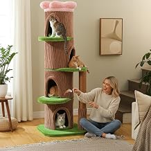 MUTTROS Forest Cat Tree with Flower Condos, Cute Tall Cat Tower with Scratching Posts & Padded Perch, Multi-Level Kitty Activity Center for Indoor Cats, Indoor Jungle Gym Furniture