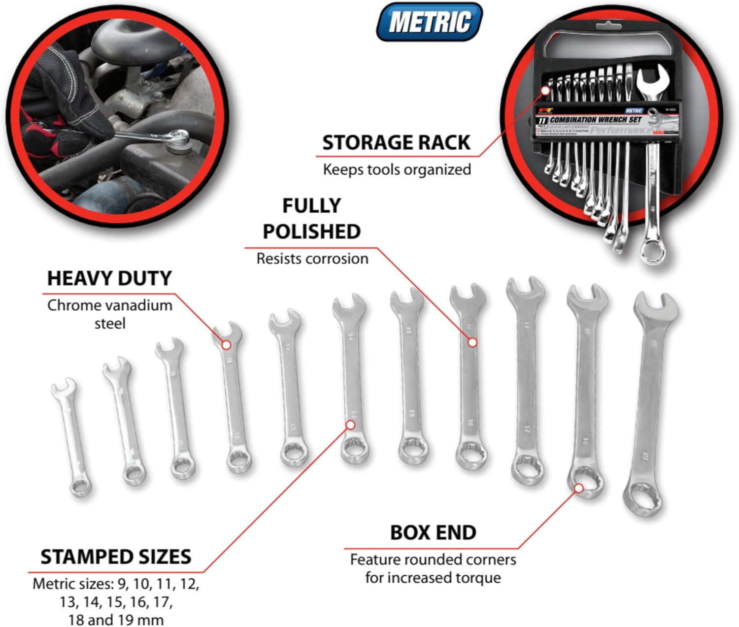 Performance Tool W1062 11 Piece Metric Combo Wrench Set with Case | Premium Mirror Polished Chrome Vanadium Steel, Black