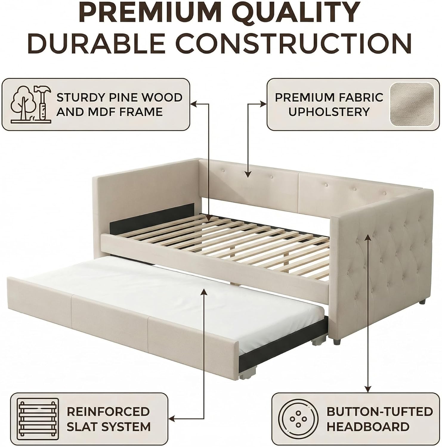 Queen Size Upholstered Platform Bed with Twin Trundle and Built-in USB Ports, Linen Fabric Bed Frame with Cushioned Headboard, Strong Wood Slats, Beige