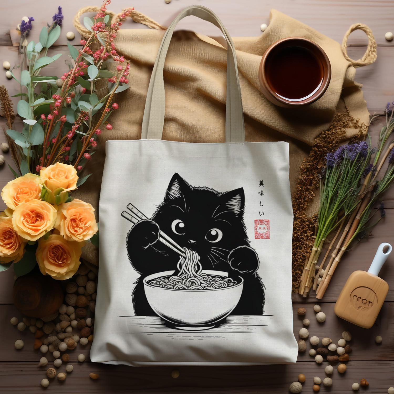 Funny Japanses Noodle Cat Tote Bag, Cat Mom Lovers Owners Gifts Canvas Tote Bags for Women, Cute Kitten Reusable Grocery Shopping Bags - Image 5