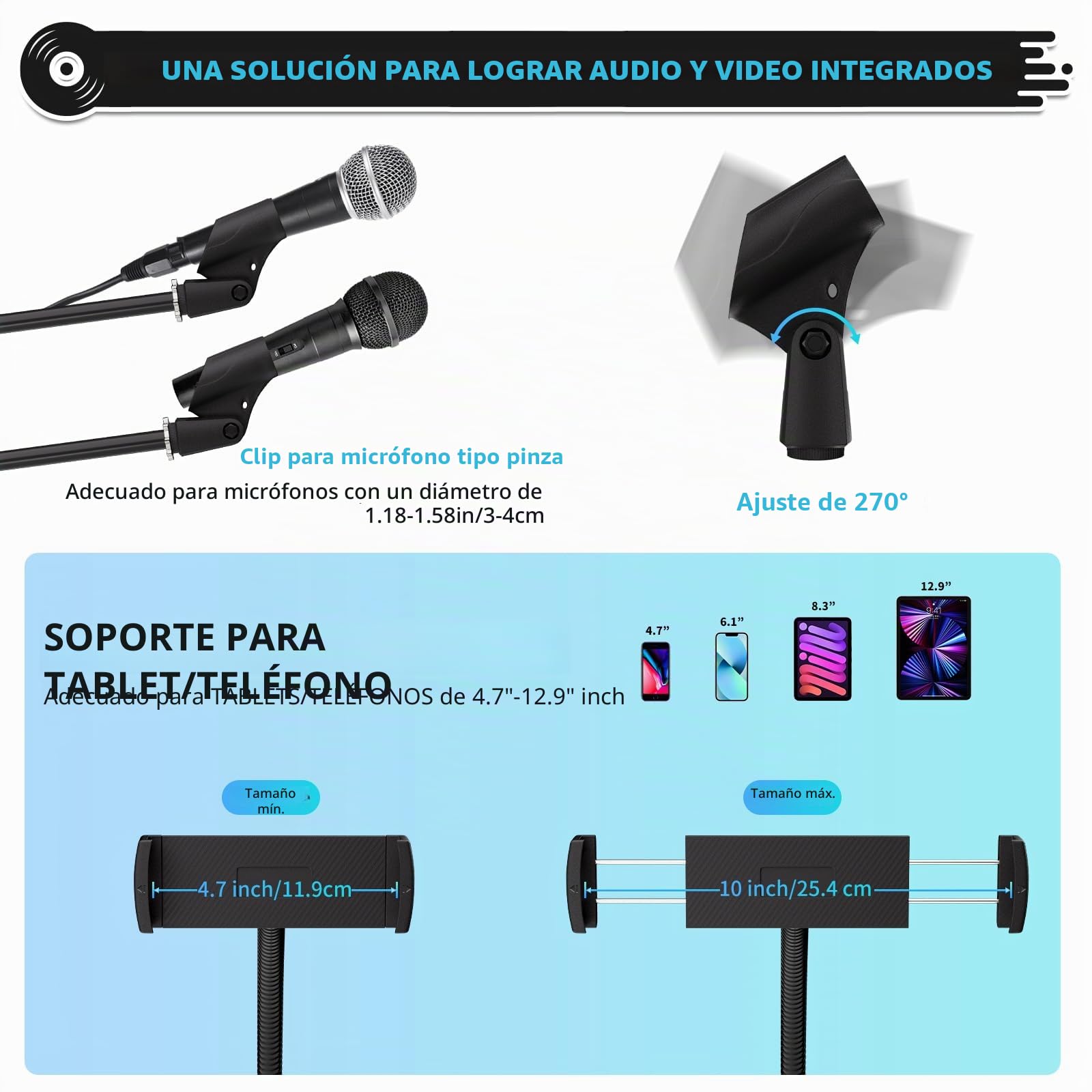K KASONIC Soporte de Micrófono con Portatabletas, Soporte de Micrófono de Trípode Ajustable con Brazo para Actuaciones, Soporte de Micrófonos de Pie para Canto, Actividades al Aire Libre