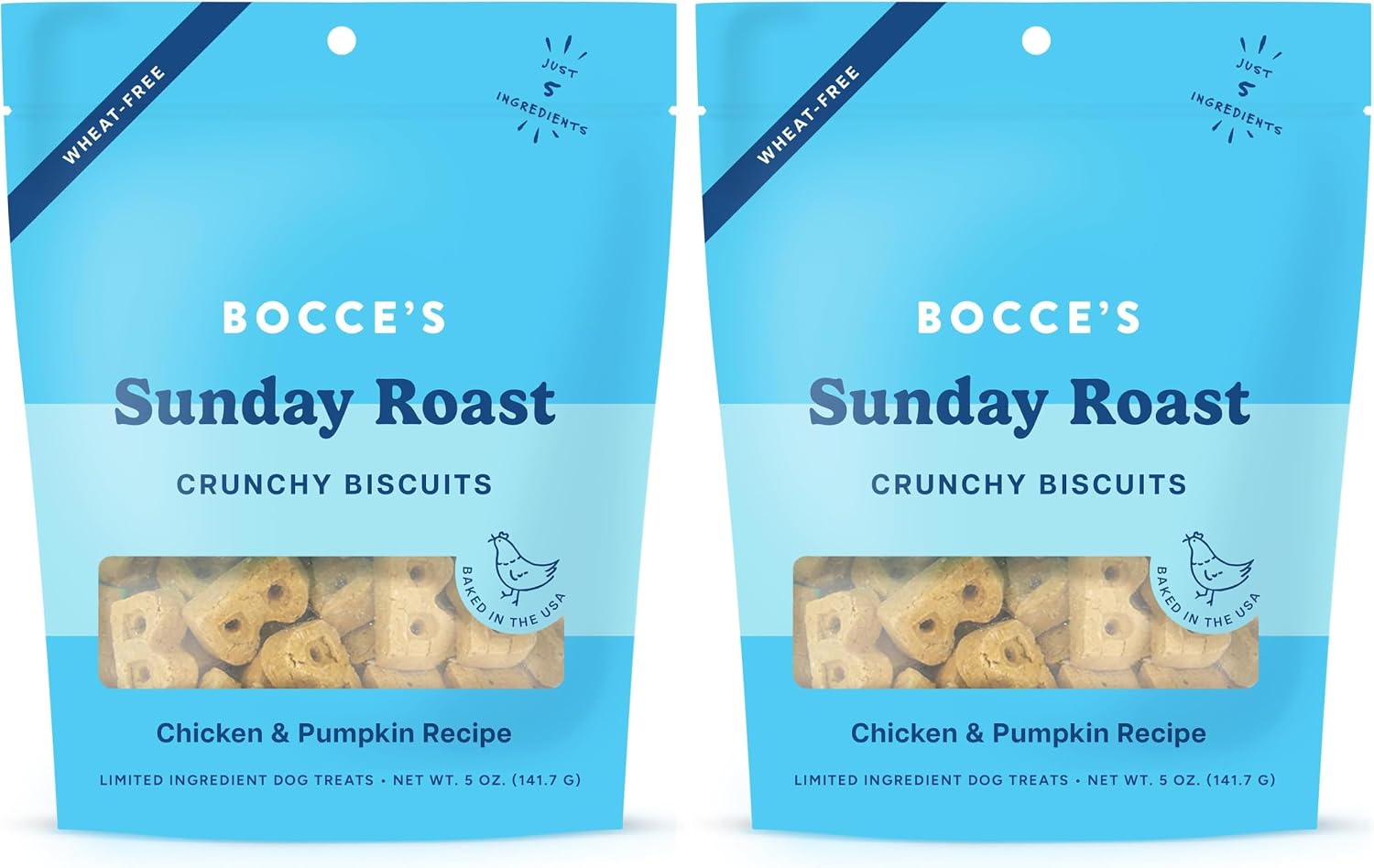 Bocce's Bakery Oven Baked Sunday Roast Treats for Dogs, Everyday Wheat-Free Dog Treats, Made with Real Ingredients, Baked in The USA, All-Natural Chicken & Pumpkin Biscuits, 5 oz (Pack of 2)