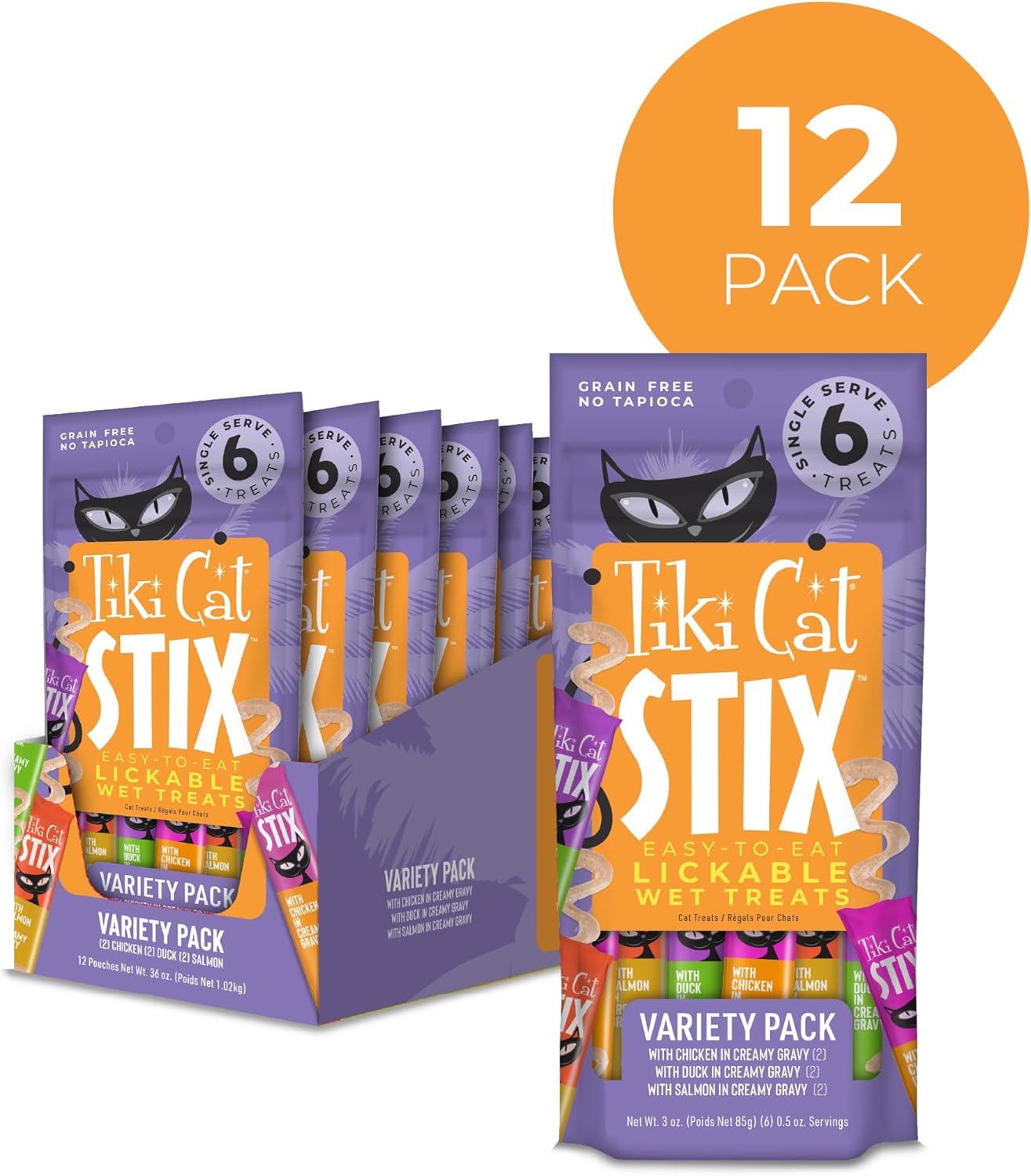 Tiki Cat Stix Mousse Treats, Single Serve Indulgent Lickable Treat or Dry Food Topper, Variety Pack with Salmon, Chicken, and Duck, 3 oz. Pouch (Pack of 12)