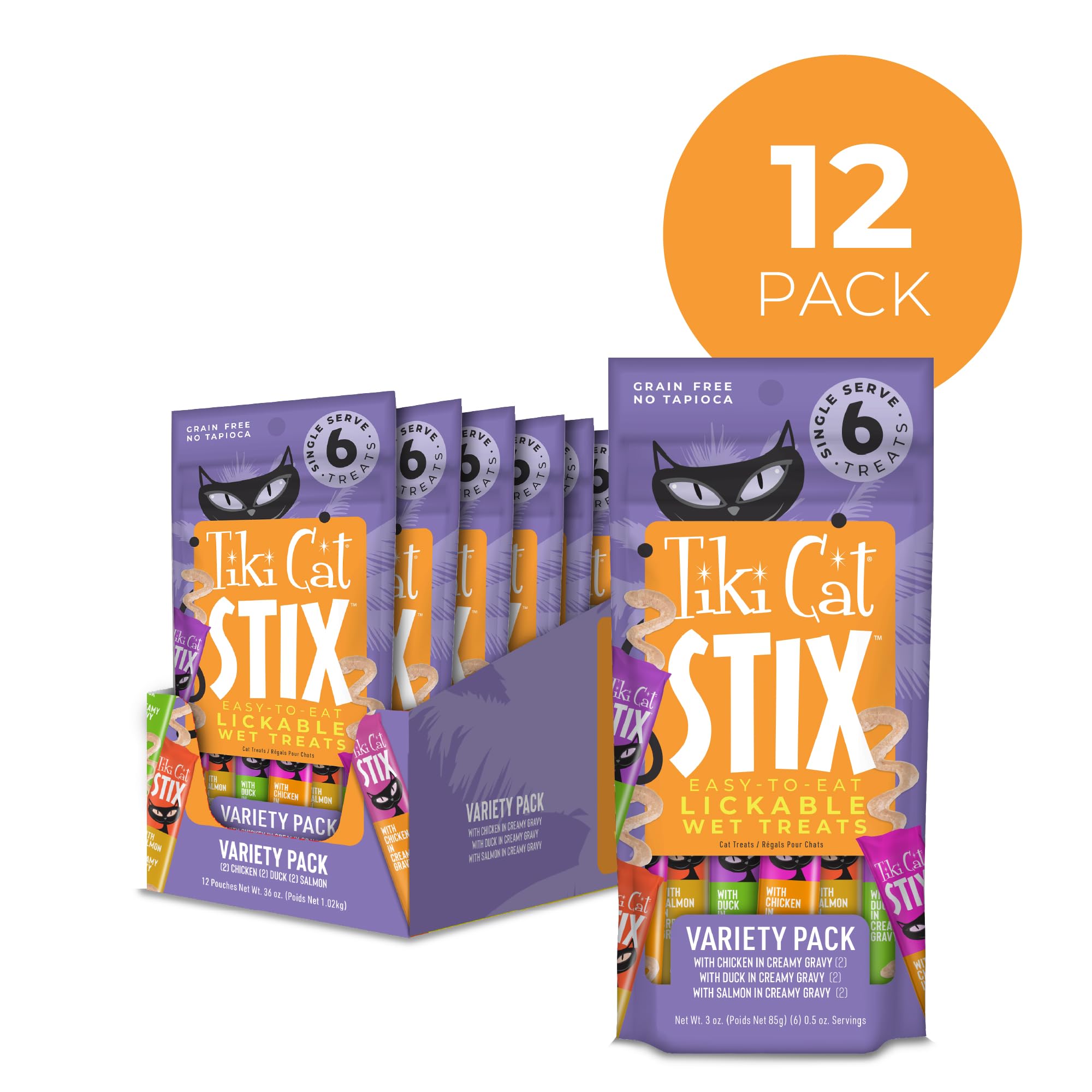 Tiki Cat Stix Mousse Treats, Single Serve Indulgent Lickable Treat or Dry Food Topper, Variety Pack with Salmon, Chicken, and Duck, 3 oz. Pouch (Pack of 12)