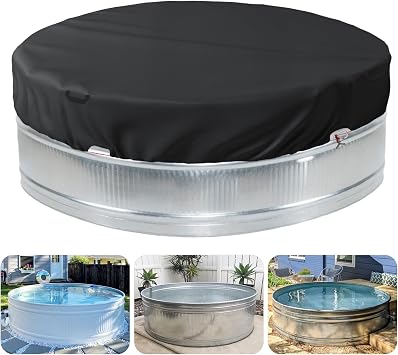7-8 ft Steel Round Stock Tank Pool Cover - Heavy Duty Waterproof Covers for Trough Pool, Wire Rope & Winch Design Increase Stability - Black
