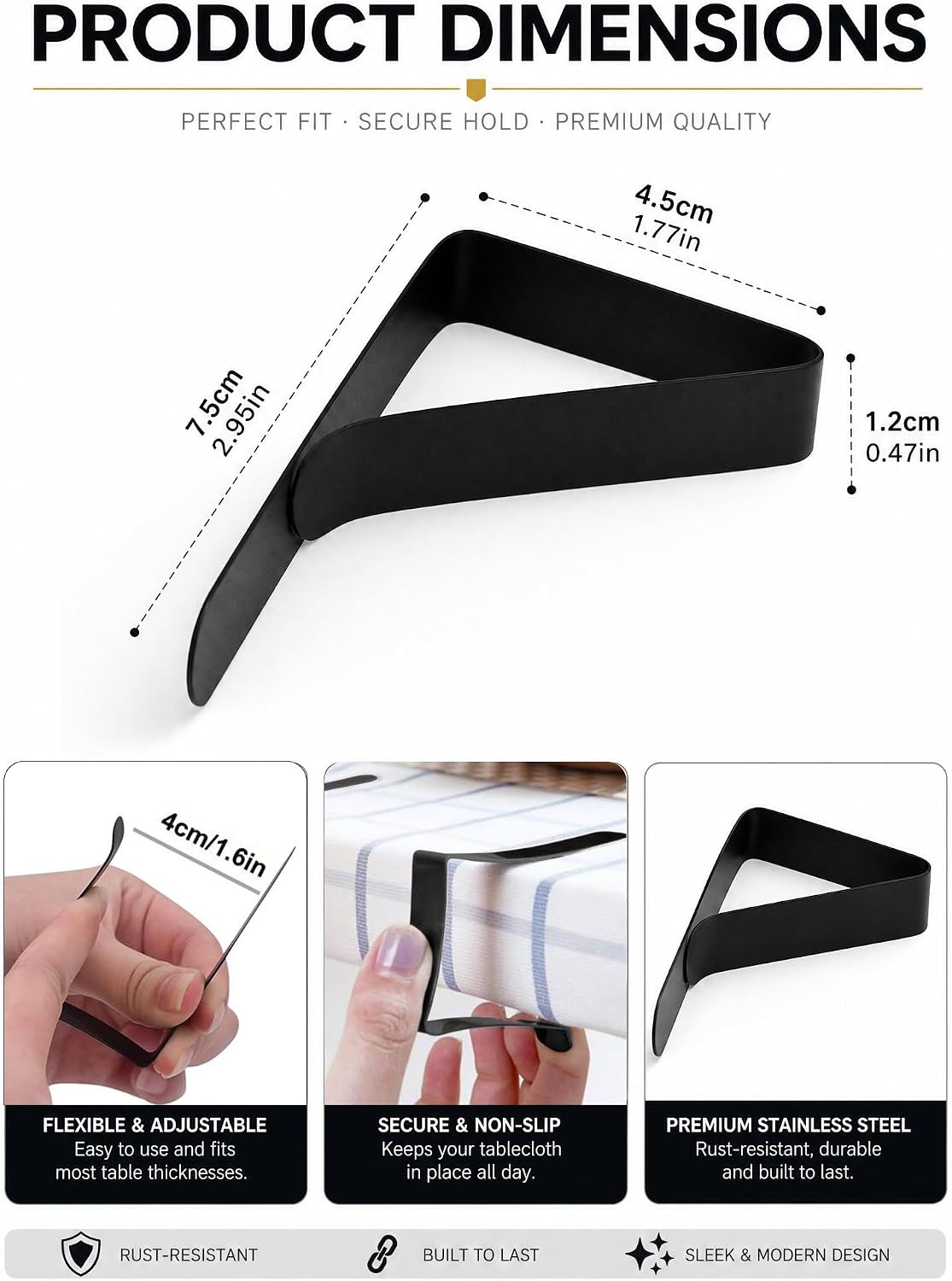 Molaxhome Stainless Steel Tablecloth Clips Adjustable for 1.5 inch Thick Table Angle Clamps Table Cloth Holders (8, Black, one Size)