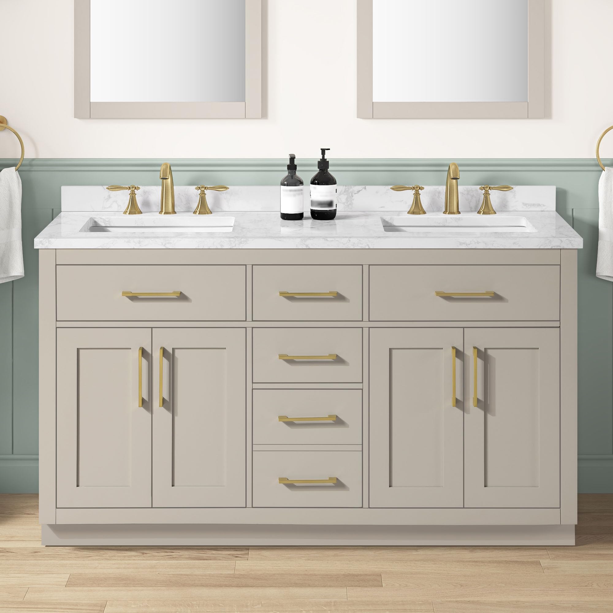 OVE Decors Athea 60" Greige Bathroom Vanity, Brushed Gold Hardware