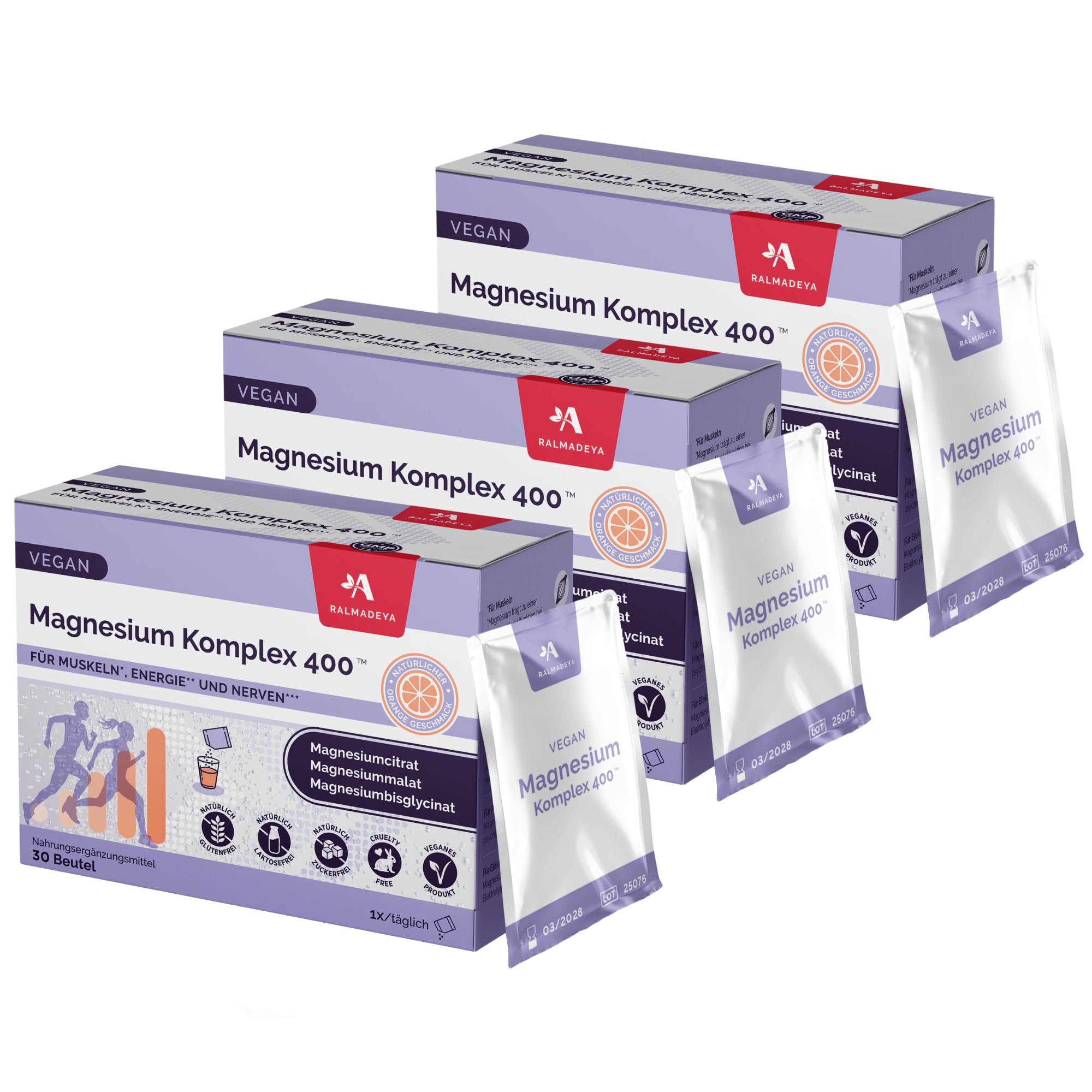 Magnesium Komplex 400® – 400 mg, 3 Formen (Citrat, Bisglycinat, Malat), für Muskeln, Nerven, Energie & Schlaf, bei Krämpfen, Stress & Müdigkeit, vegan, 30 Tage Vorrat (4er-Packung (480 Gramm))