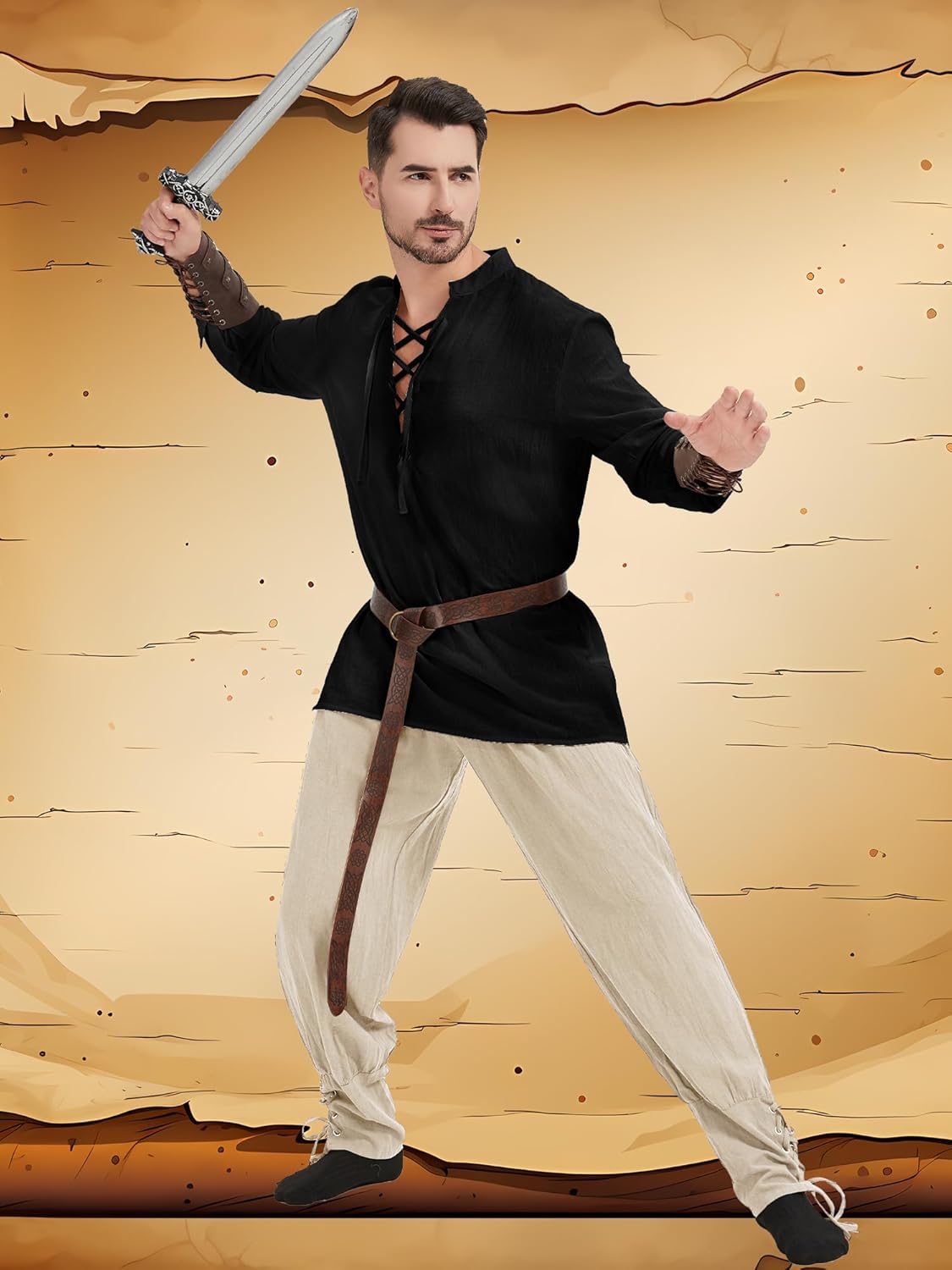 5 Pcs Men's Renaissance Costume Viking Costume Medieval Pirate Vintage Shirt Ankle Banded Pants Accessories Set - Image 5