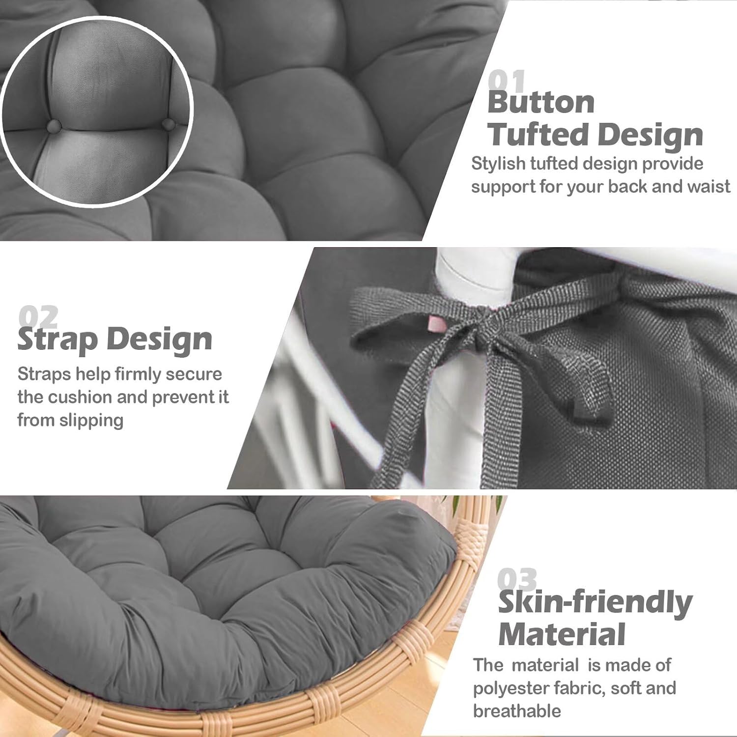 Patio Egg Chair Cushion Replacement, Button Tufted Thick Outdoor Swing Chair Cushion with High Elasticity PP Cotton and Skin-Friendly Fabric, Hammock Cushion for Porch Furniture (Only Cushion)