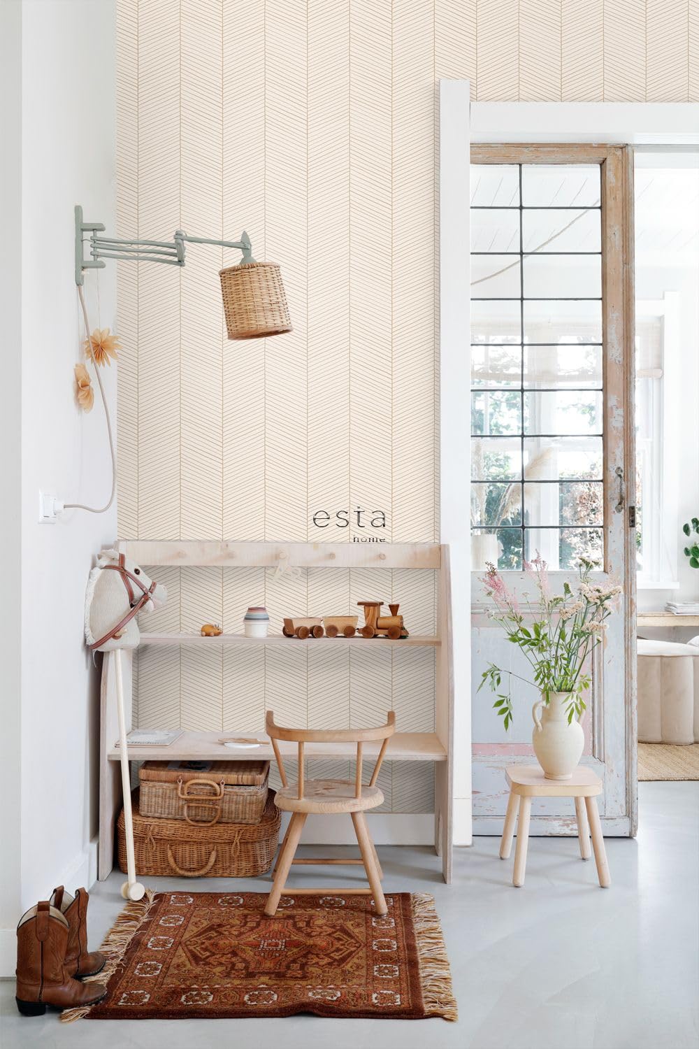ESTAhome Tapeta motyw jodełki piaskowymIbeżowym 53 cm x 10.05 m