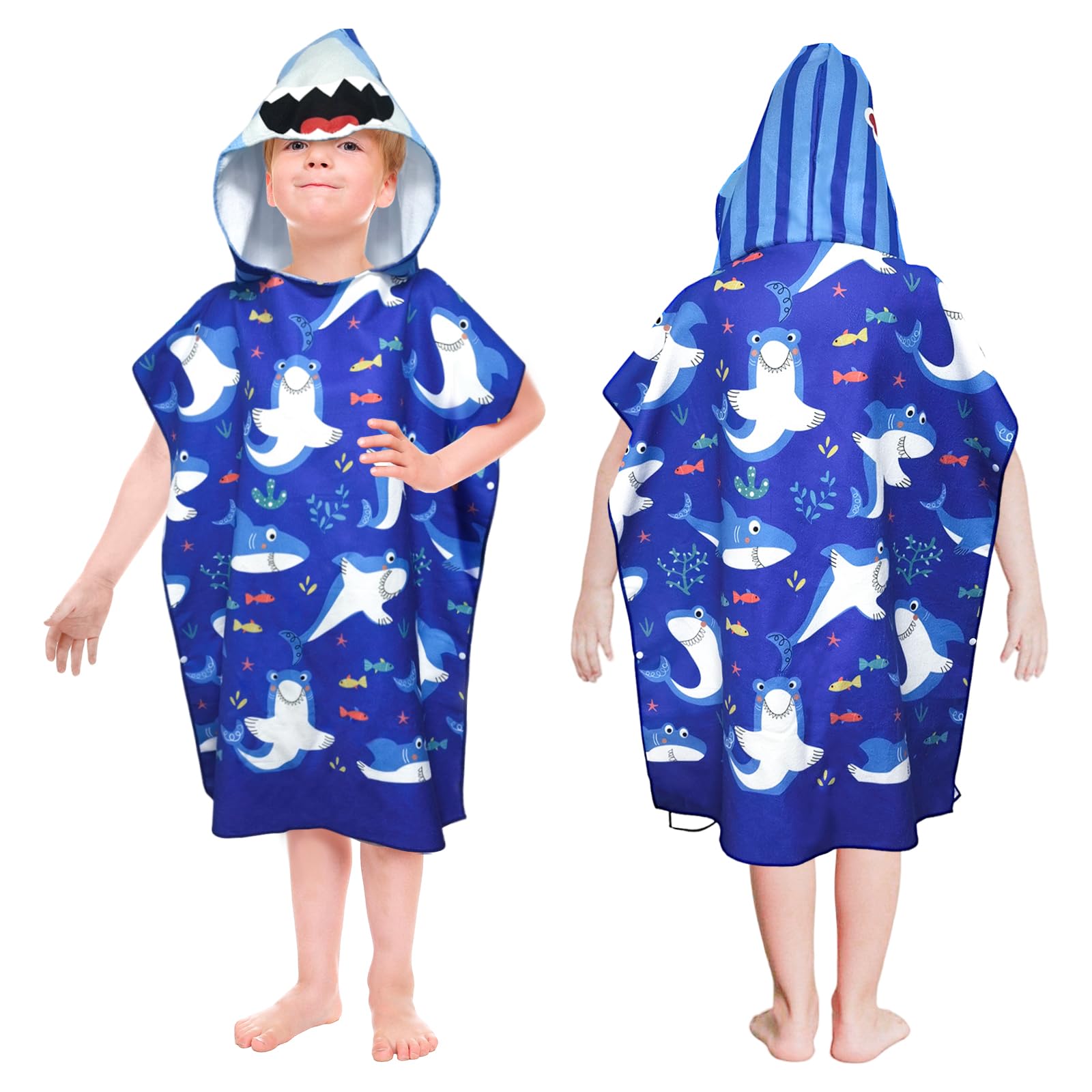 Hillylolly Strandtuch mit Kapuze Kinder, Badehandtuch Kinder Poncho, Handtuch Poncho Schwimmen Kinders Microfaser, für Mädchen Jungen 3-16 Jahre (Multi-Hai, 75 * 180CM)