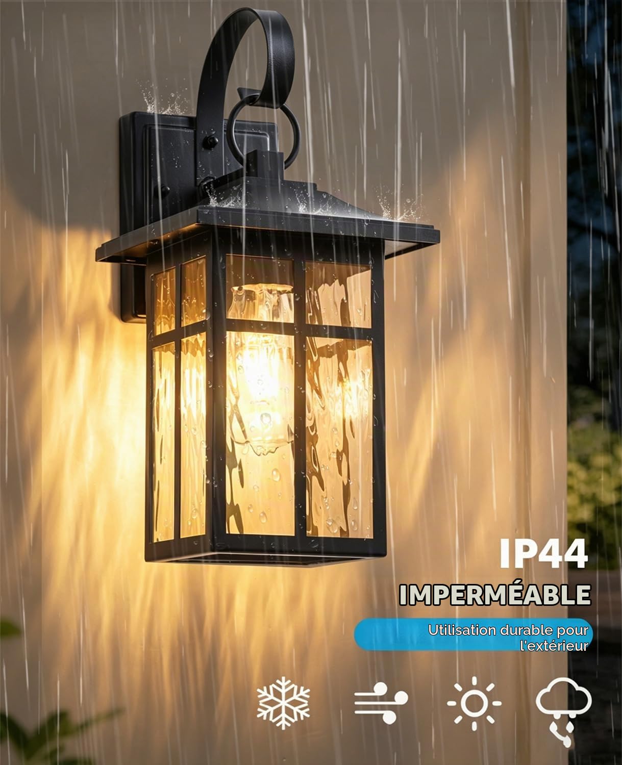 FTL Applique Murale Exterieur, Noir Mat Porche Lampe Exterieur avec Verre Ondulé Par l'Eau, E27 Luminaire Lanterne Exterieur, IP44 Étanche Éclairage Mural d'Extérieur pour Jardin, Terrasse