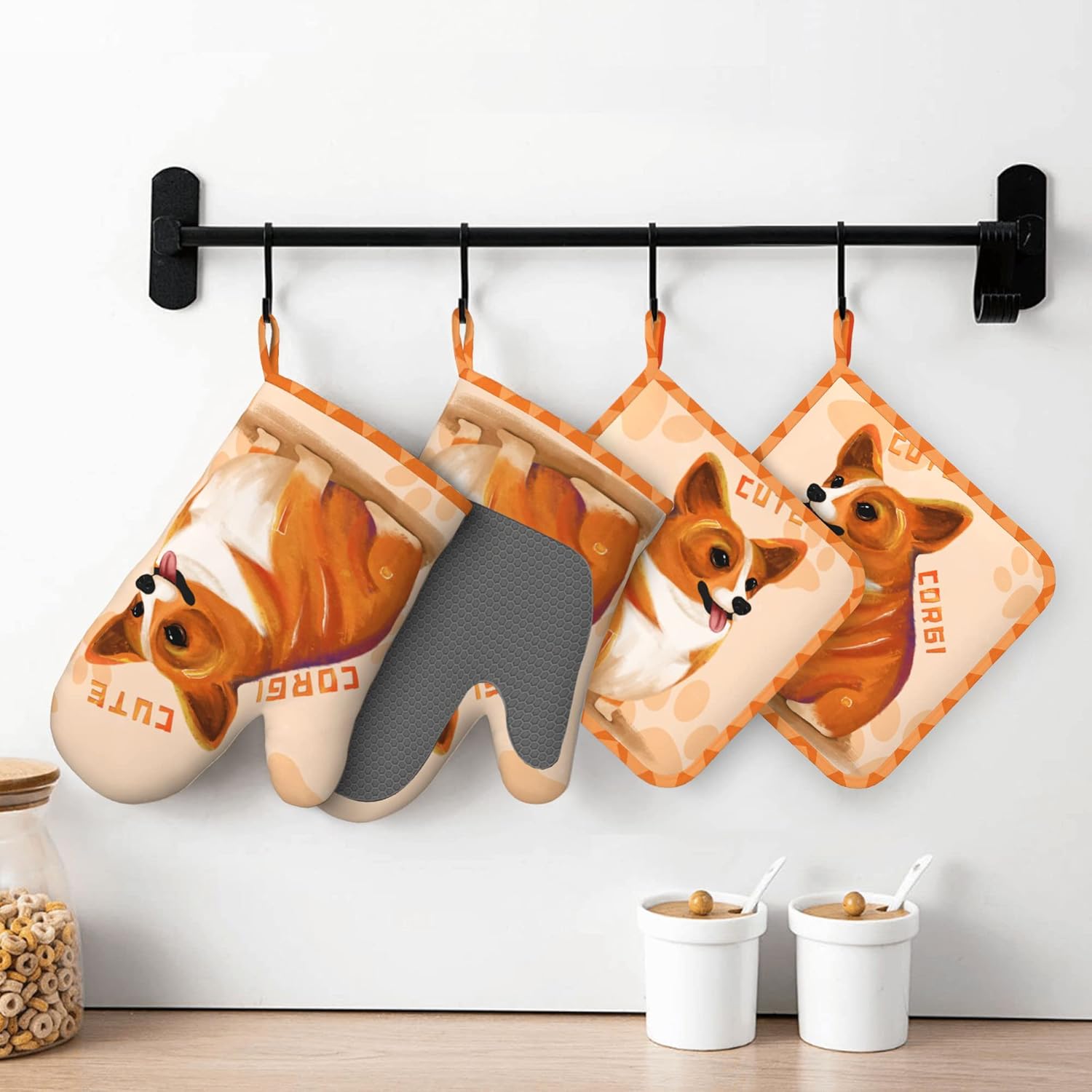 Corgi Oven Mitts and Pot Holders 4 Piece Set Heat Resistant Corgi Oven Gloves Cotton Lining Waterproof Potholders Hot Pads with Non-Slip Silicone for Cooking Baking Kitchen Decoration