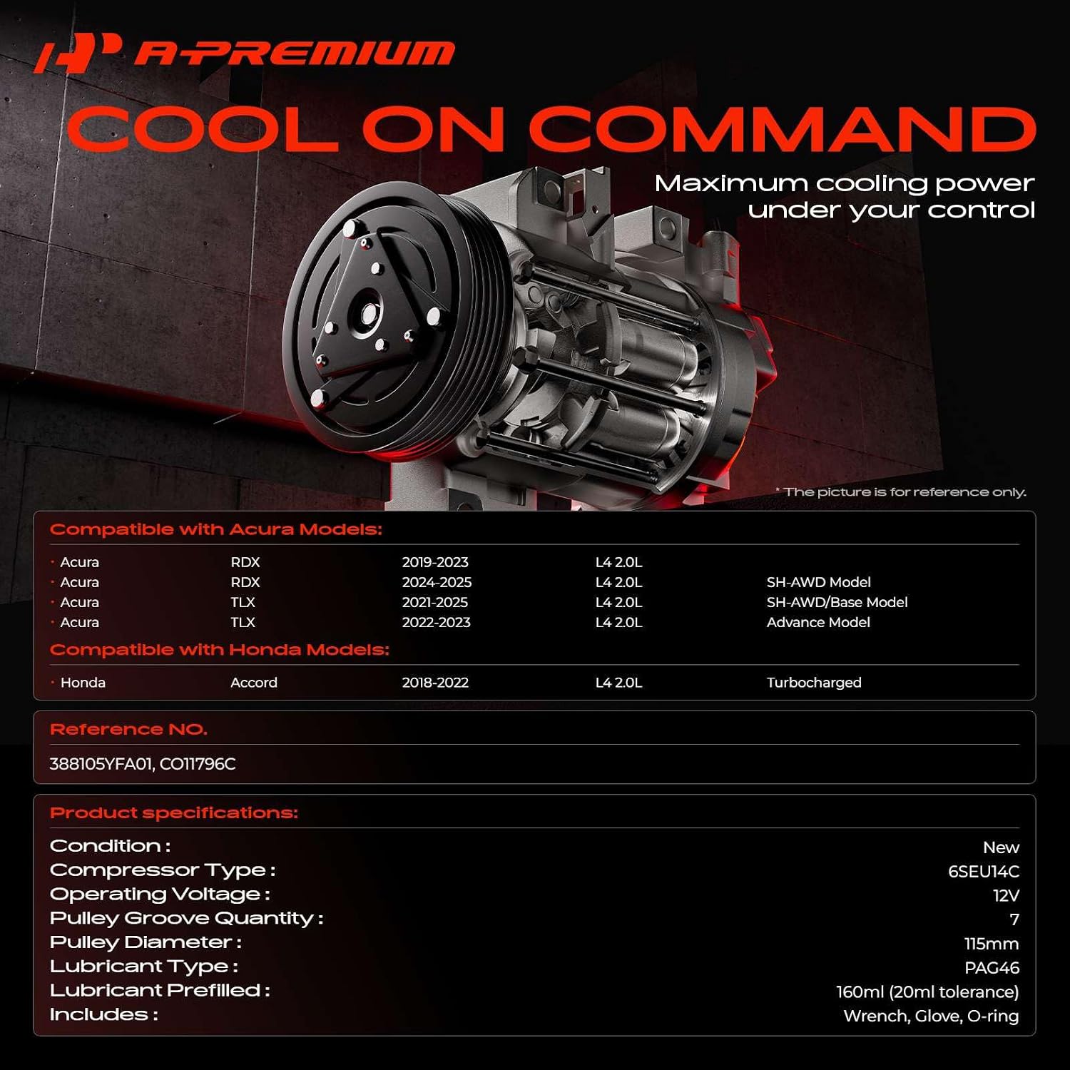 A-Premium Air Conditioner AC Compressor with Clutch Compatible with Acura RDX 2019-2025, TLX 2021-2025 & Honda Accord 2018-2022, 2.0L