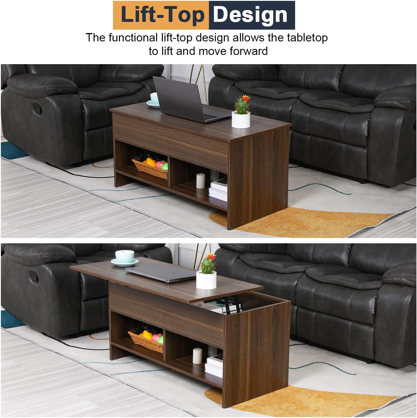 Lift Top Coffee Table, Modern Table Air Rod- Pop-Up Tabletop with Hidden Compartment and Storage Shelf for Living Room Reception Room (Brown)