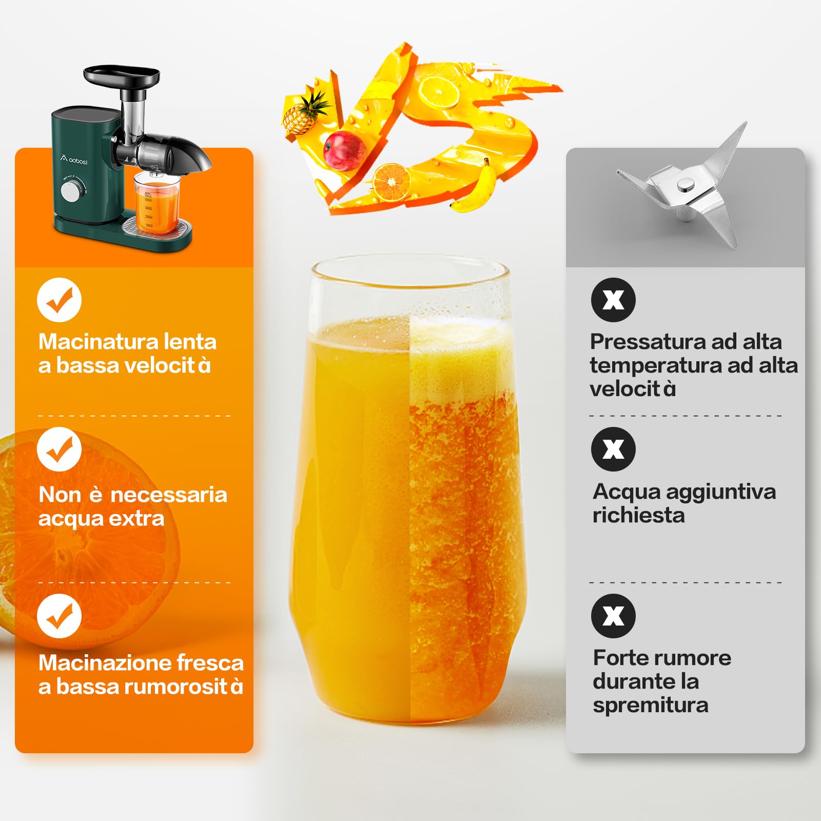 Aobosi Estrattore Frutta e Verdura, Estrattore di Succo a Freddo con Motore Silenzioso e Funzione Inversa, senza BPA & Facile da Pulire & Spazzola（150 Watt/Verde）