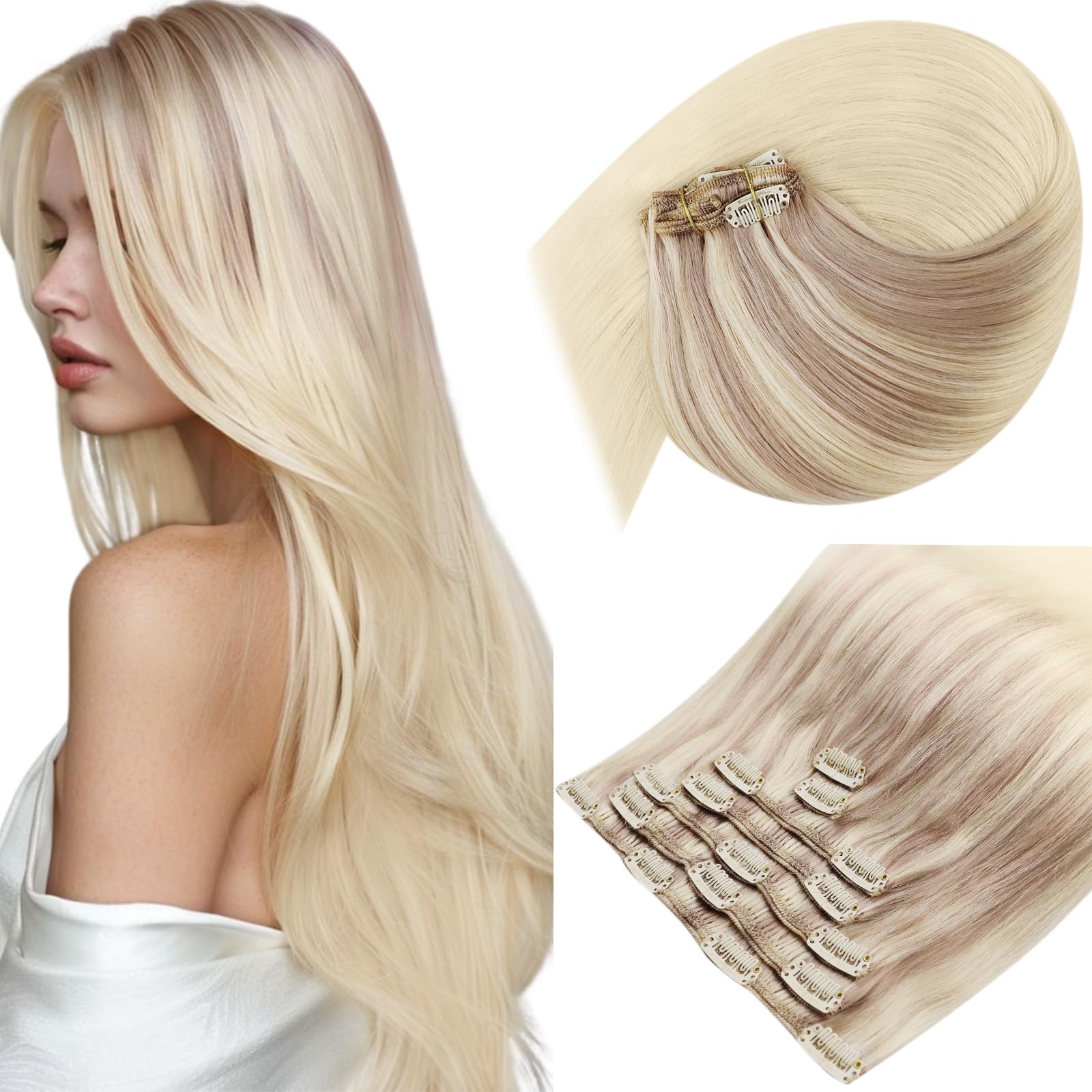 Sunny Hair Clip in Hair Extensions Straight Human Hair Clip in Extensions Remy Clip in Hair Extensions Real Human Hair Extensions Clip ins Strawberry Blonde Mix Light Blonde Roots 22inch